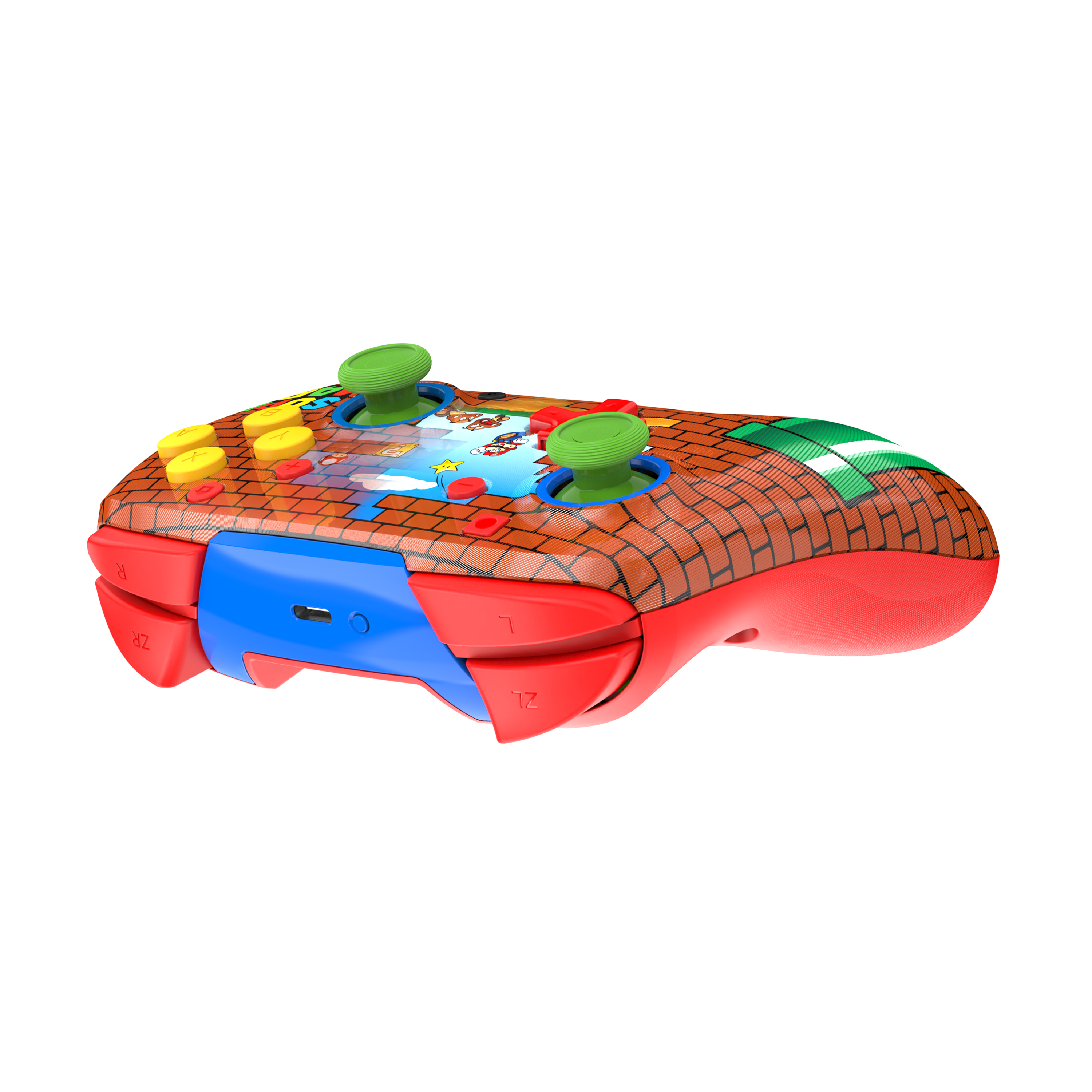 Kolorowy kontroler do gier z motywem Mario, wzorem cegły i zielonymi joystickami na czarnym tle.