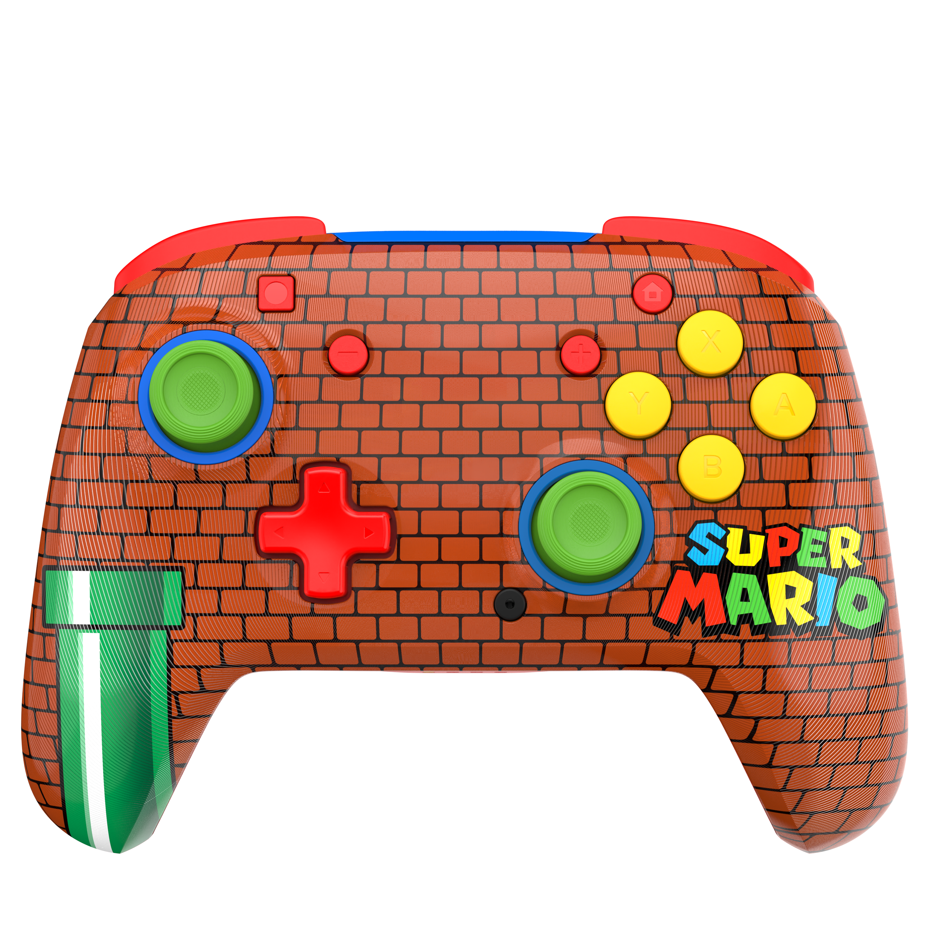 Kontroler w motywie Super Mario z wzorem cegieł, kolorowymi przyciskami i zieloną rurą na czarnym tle.