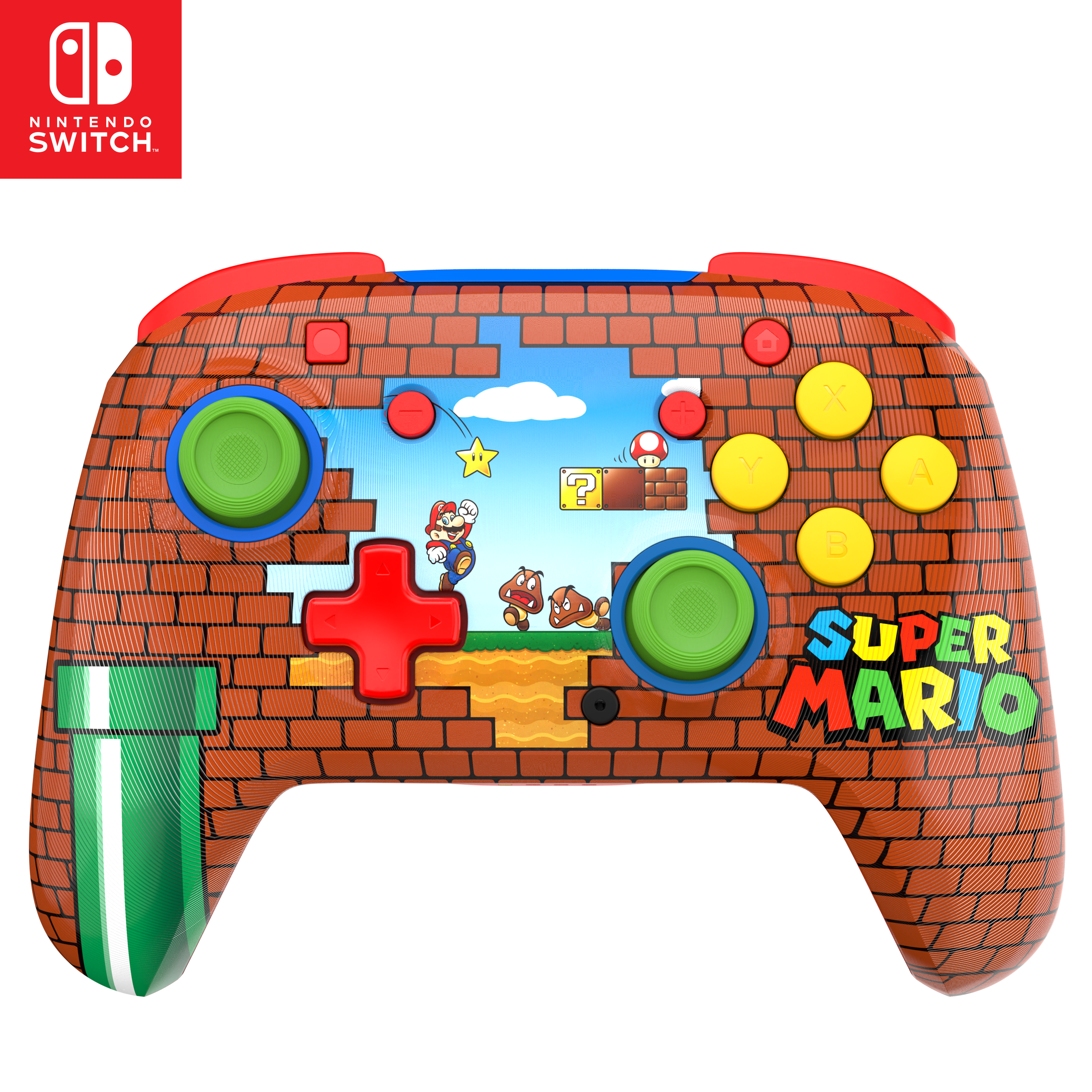 Kontroler Nintendo Switch Super Mario z motywem cegły, zielonymi joystickami, żółtymi przyciskami i sceną Mario.