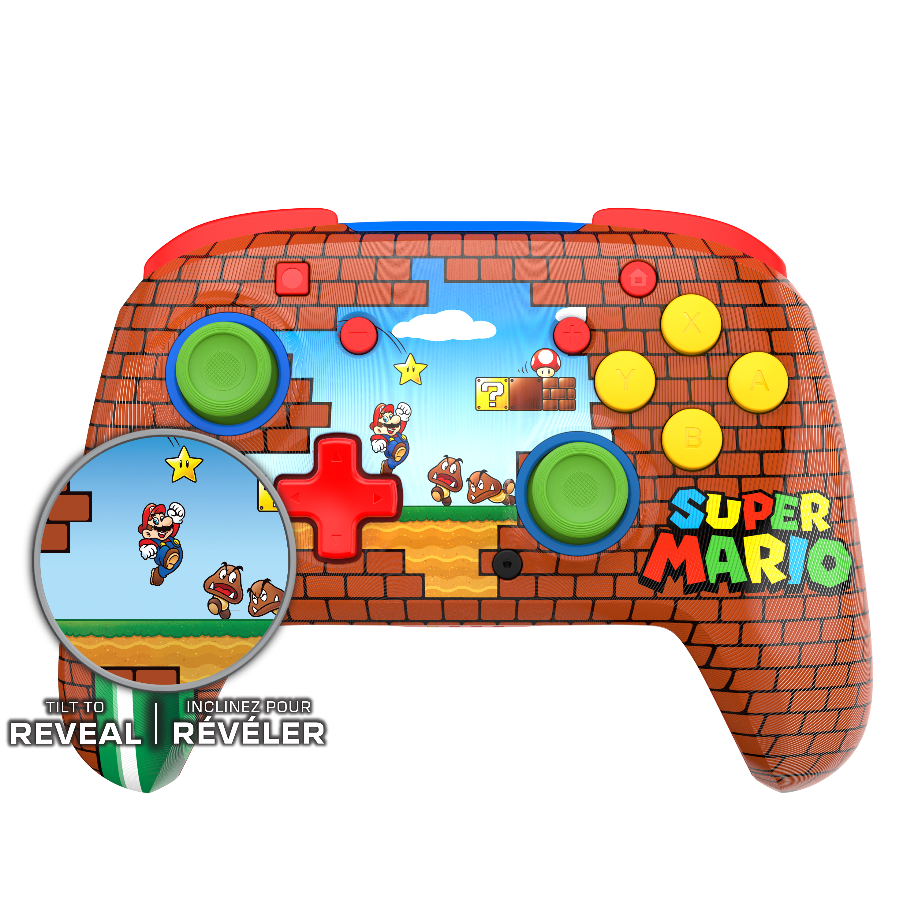 Kontroler z motywem Super Mario z ceglastym wzorem i obrazem przedstawiającym Mario skaczącego nad Goombas.