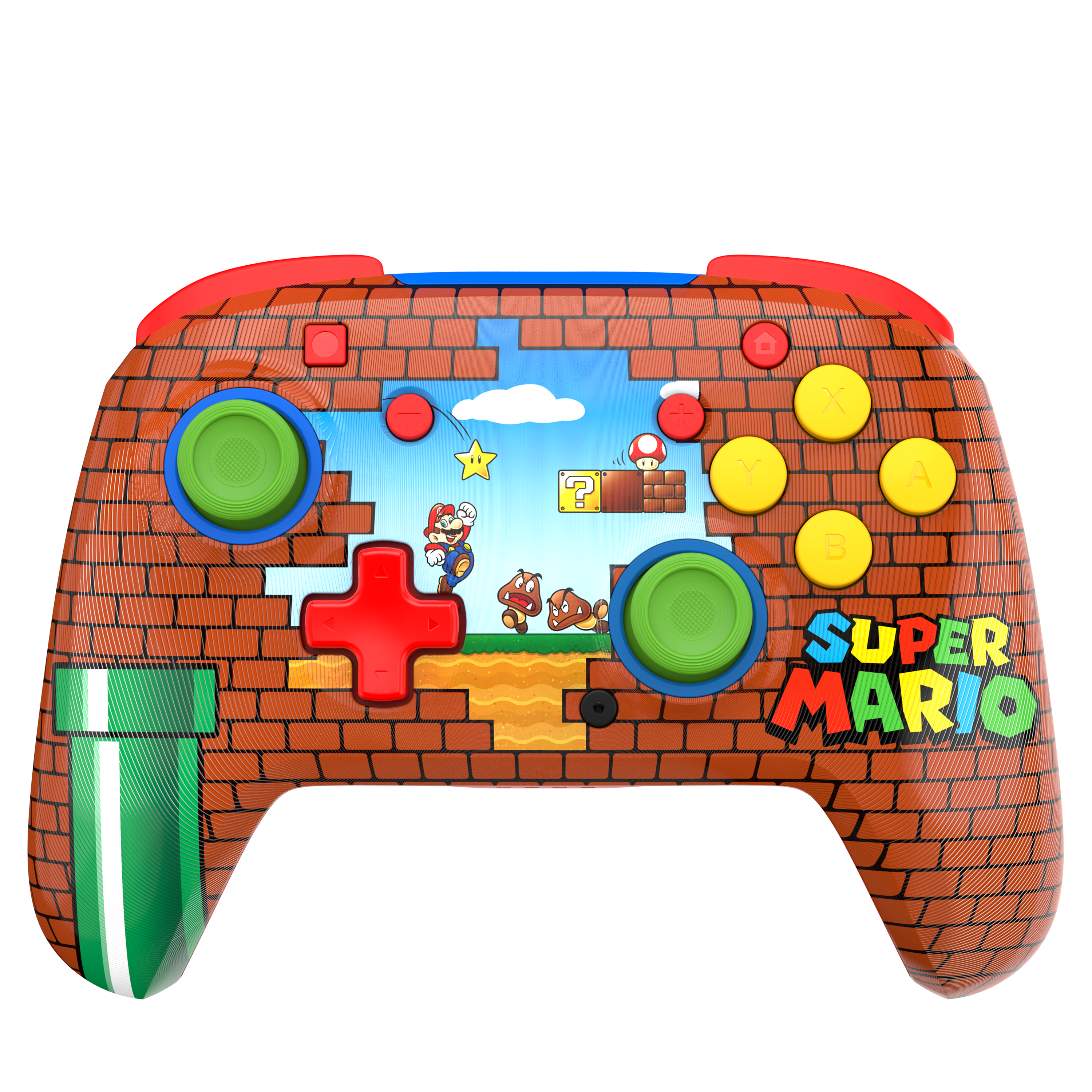 Pad do gier z motywem Super Mario, ceglasty wzór, kolorowe przyciski.
