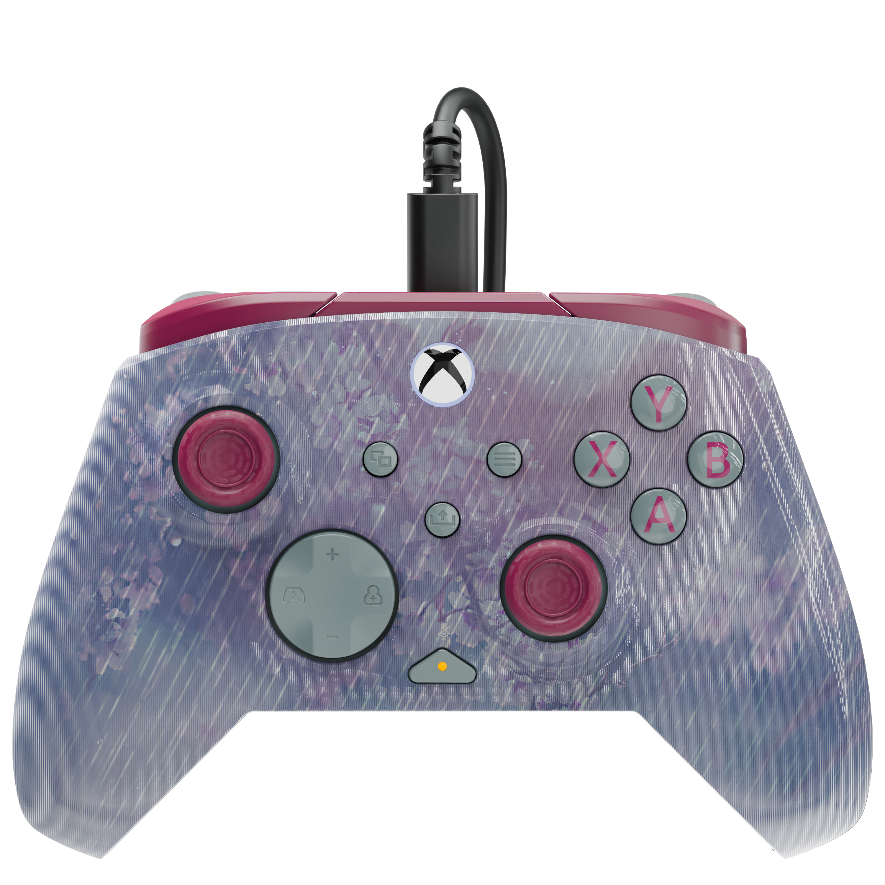 Une manette Xbox blanche et violette avec un câble noir sur fond noir.