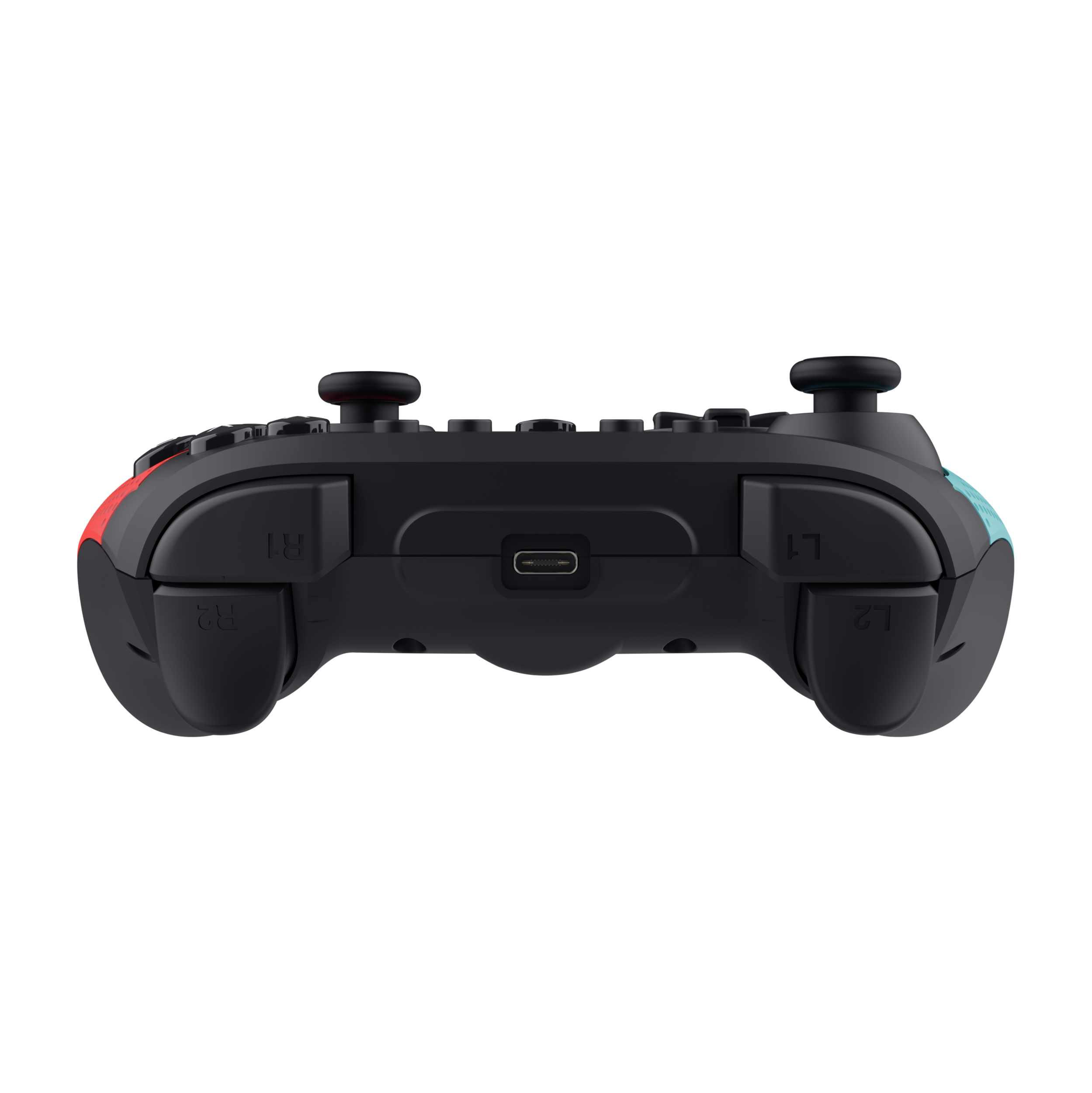 Widok z przodu czarnego kontrolera do gier z portem USB-C, przyciskami L1, L2, R1, R2 i drążkami analogowymi.