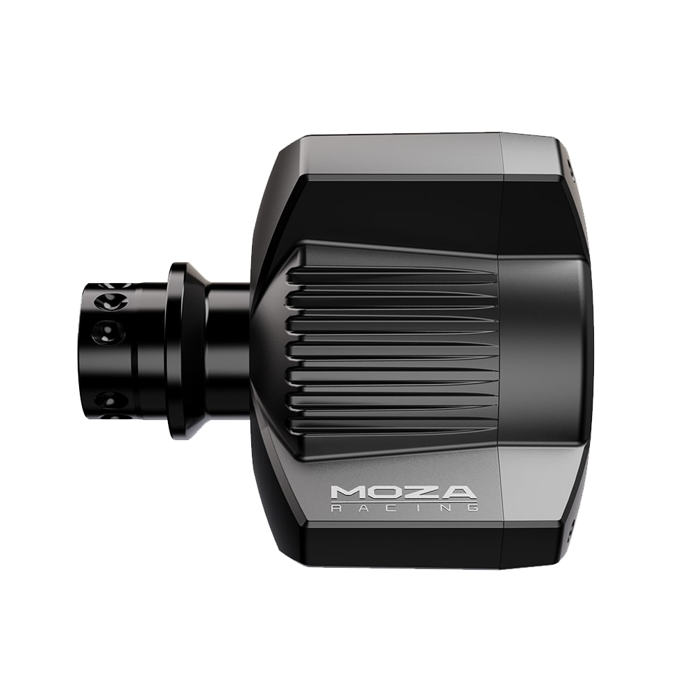 Eine schwarze Moza Racing Wheel Base vor weißem Hintergrund.