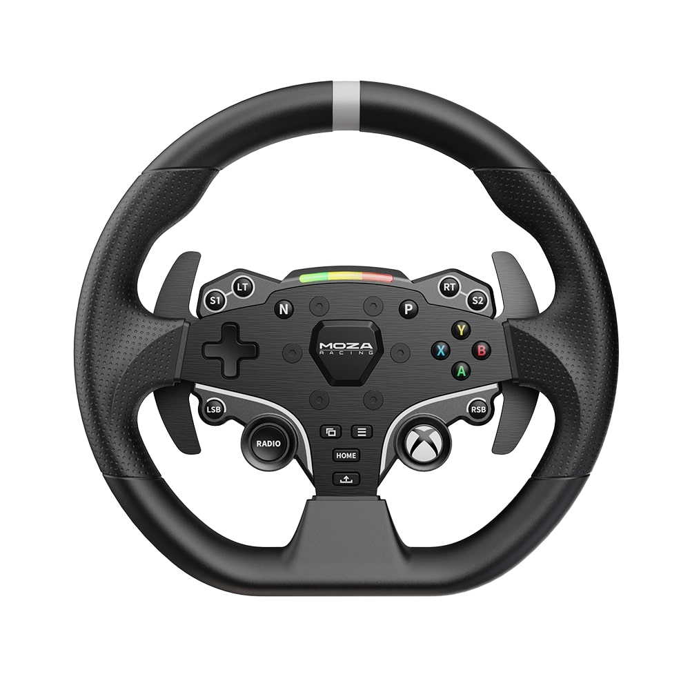 Schwarzes Moza Racing Lenkrad mit Xbox-Tasten, D-Pad und LEDs auf weißem Hintergrund.