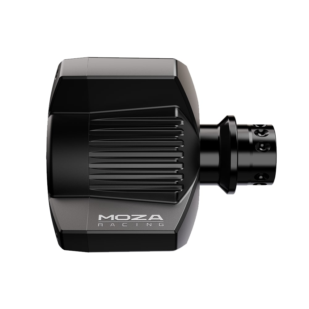 Eine schwarze Moza Racing Sim-Radbasis mit gerippten Seitenkühlrippen auf weißem Hintergrund.