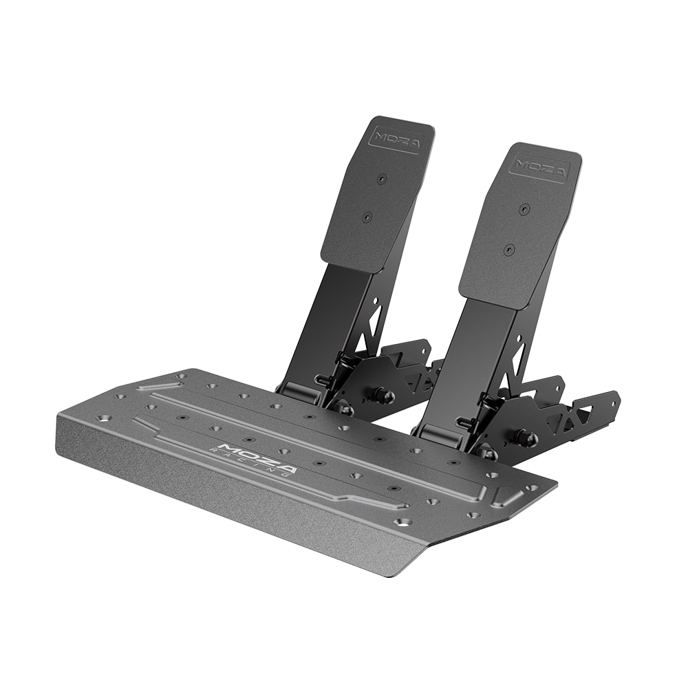 Ein schwarzes MOZA Racing Sim-Pedalset mit zwei verstellbaren vertikalen Pedalen auf einer strukturierten Metallbasis.