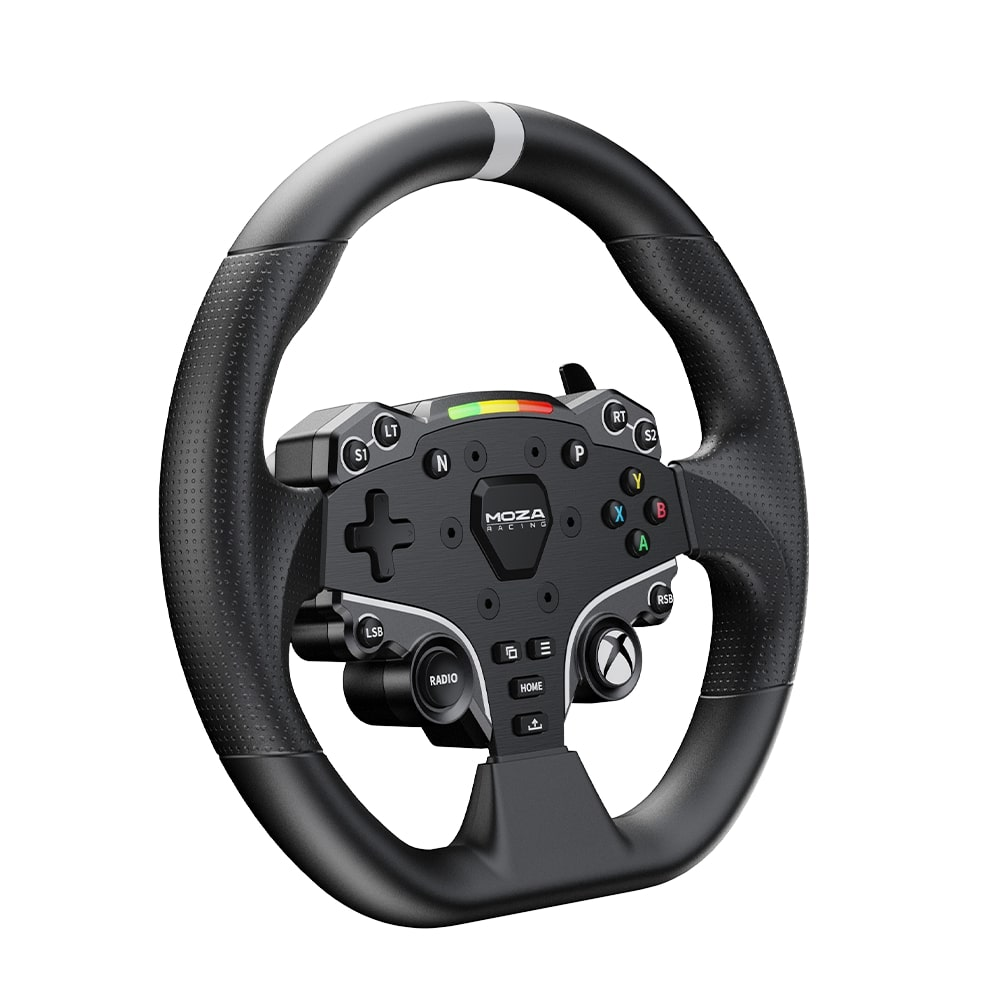 Schwarzes Moza Racing Lenkrad mit Tasten und LEDs vor weißem Hintergrund.