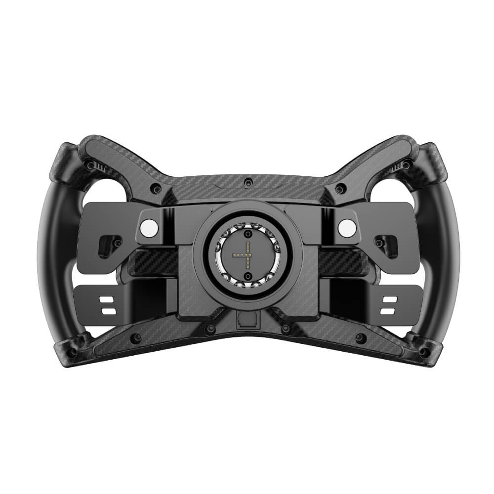 Schwarzes Carbon-Rennlenkrad mit Tasten und Schaltwippen.