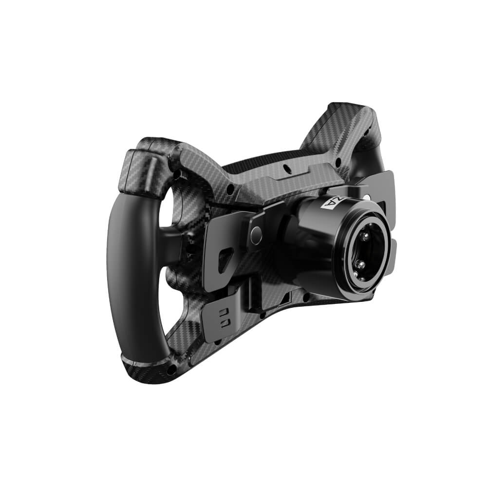 Schwarzes Carbon-Rennlenkrad in Schrägansicht mit Mittel-Schnellspanner.