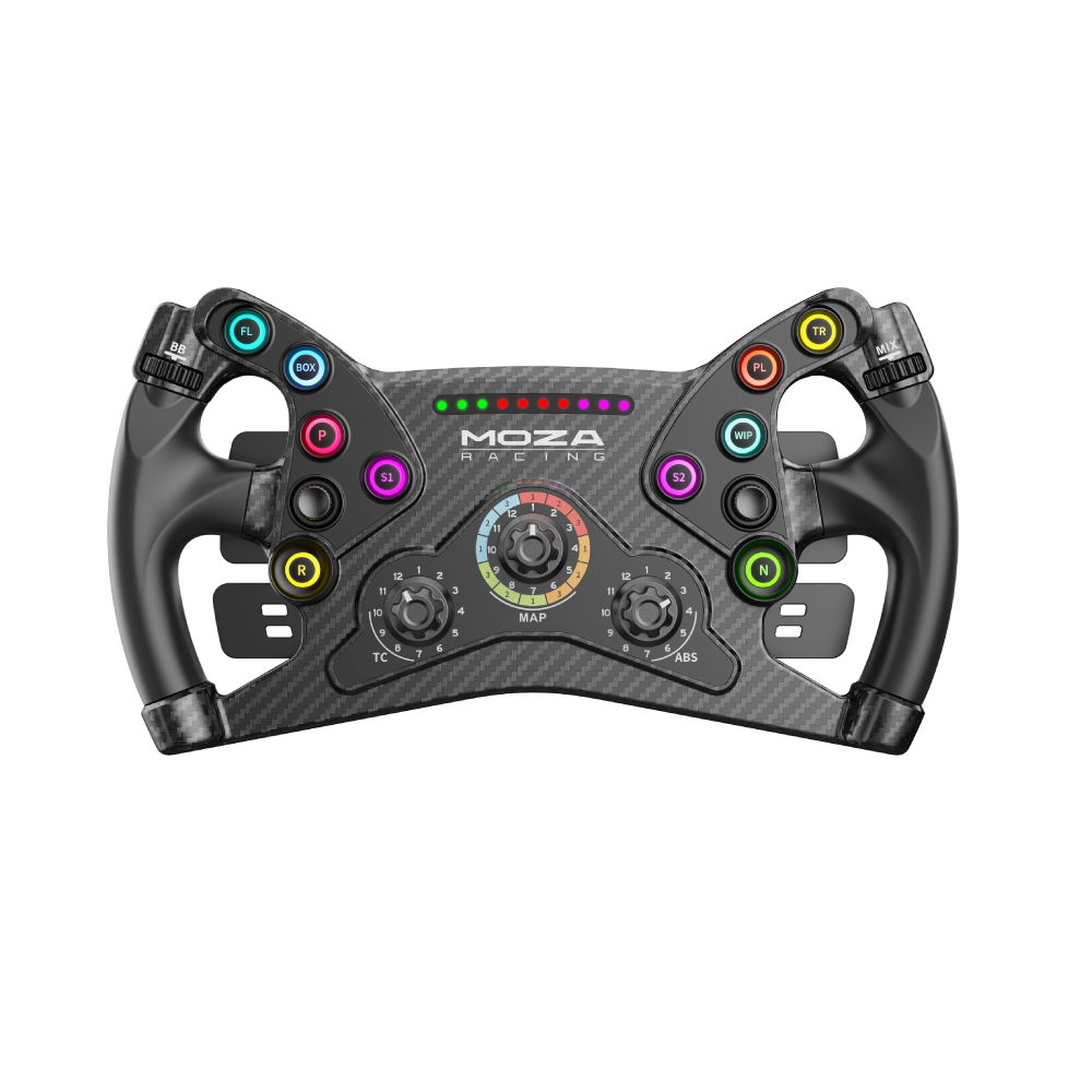 Carbon-Rennlenkrad mit bunten Tasten, Drehreglern und Moza Racing-Logo.