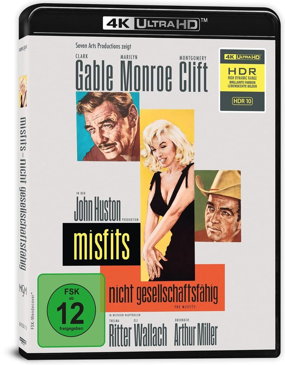 4K Ultra HD Blu-ray Hülle des Films Misfits mit Clark Gable, Marilyn Monroe und Montgomery Clift.