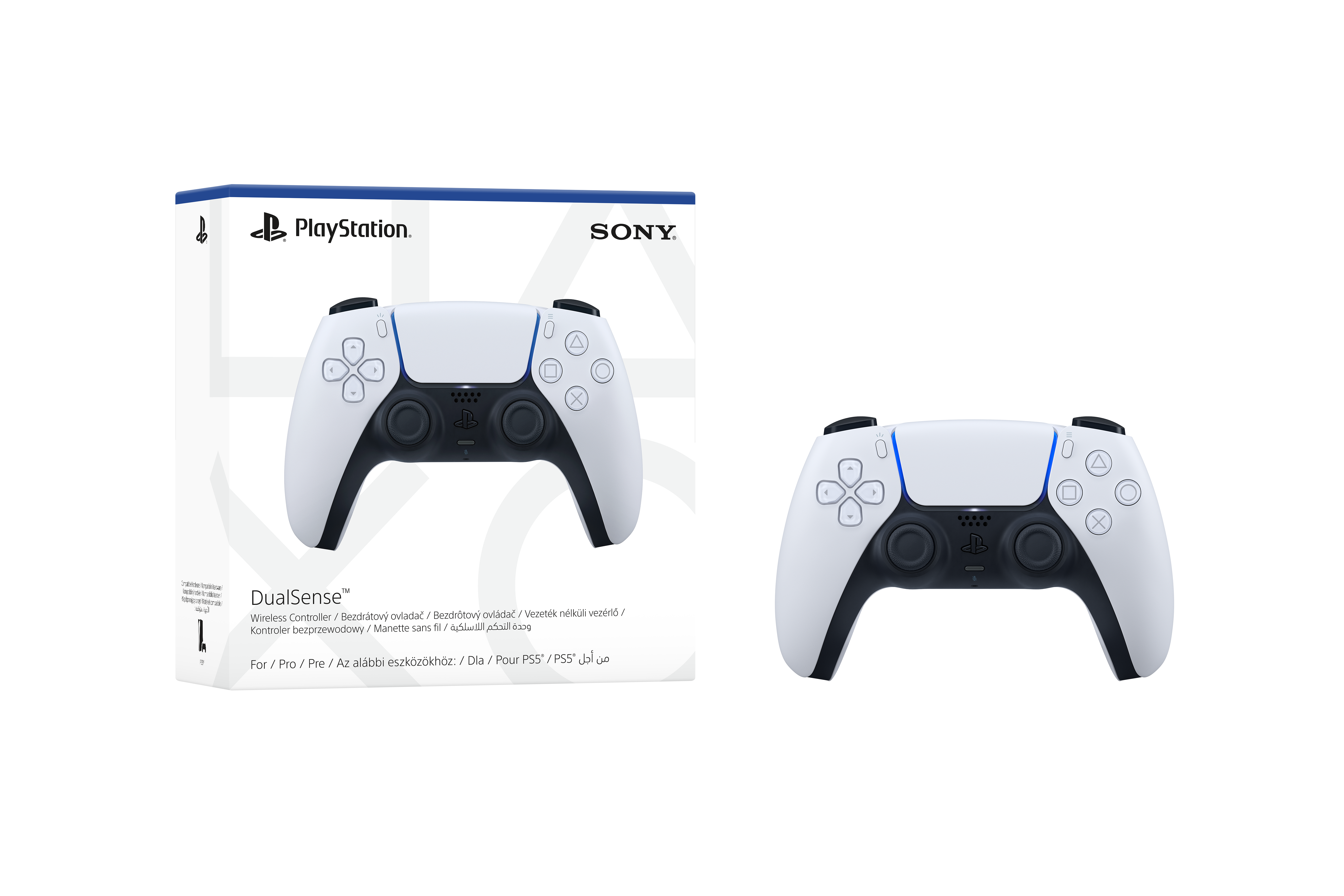 Biało-czarny bezprzewodowy kontroler DualSense do PlayStation 5 przed swoim pudełkiem na czarnym tle.
