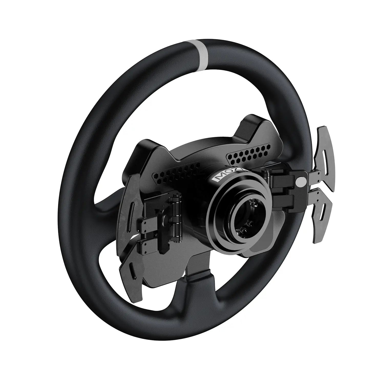 Schwarzes Sim-Racing-Lenkrad mit Paddles und Zentralkappe vor weißem Hintergrund.