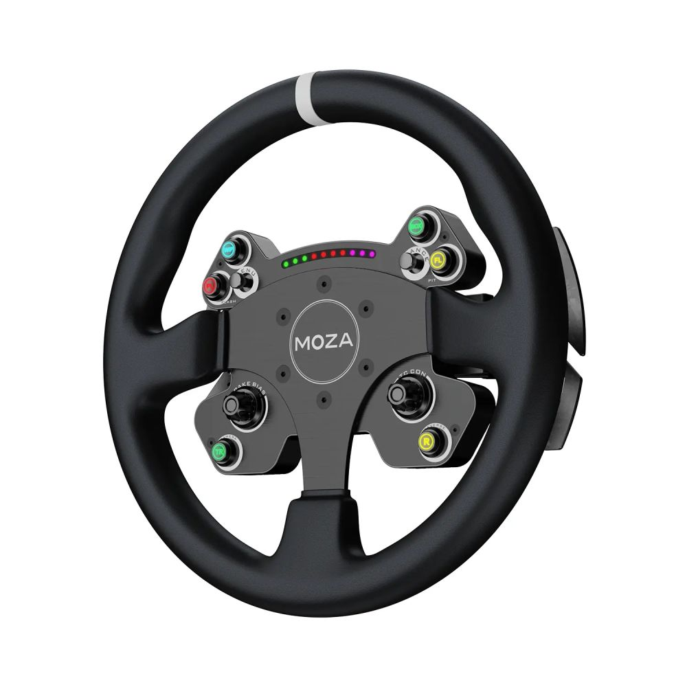 Ein schwarzes MOZA Sim-Racing-Lenkrad mit bunten Knöpfen, Reglern und weißer Markierung auf weißem Hintergrund.