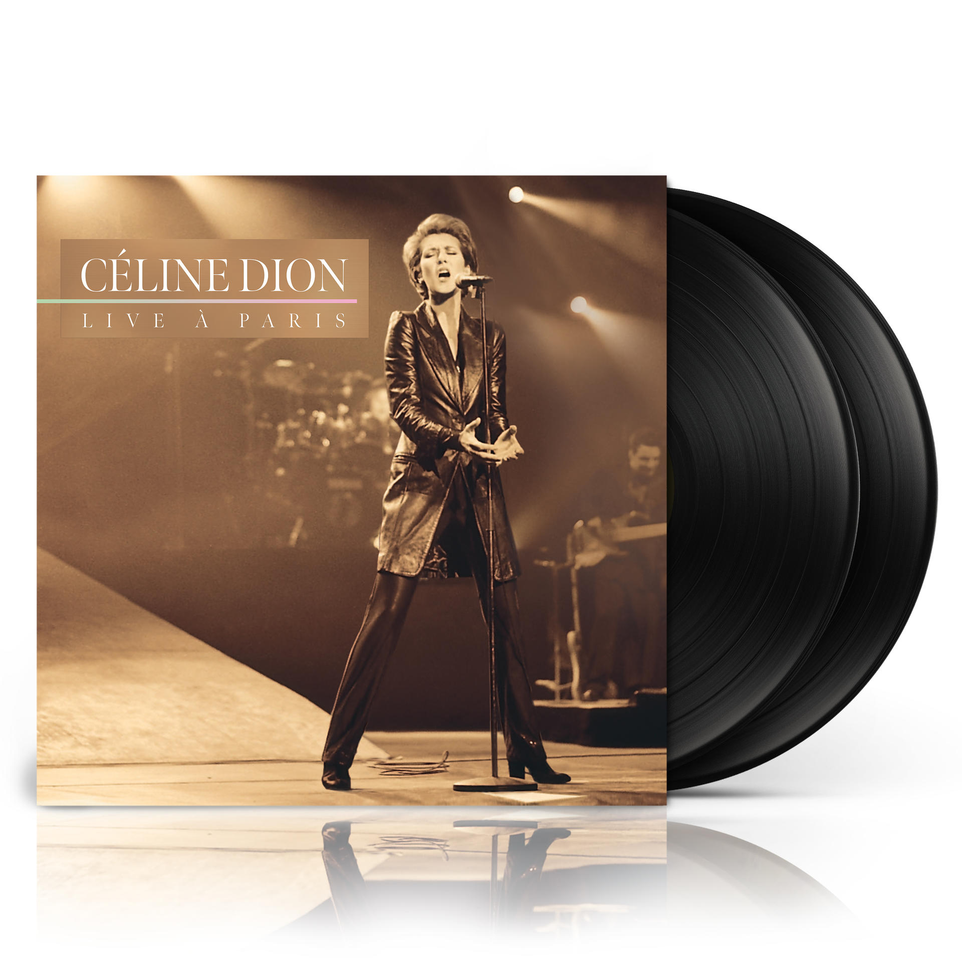 Celine Dion Live a Paris Doppelvinyl-Albumcover in Sepiaton mit zwei sichtbaren schwarzen Schallplatten.