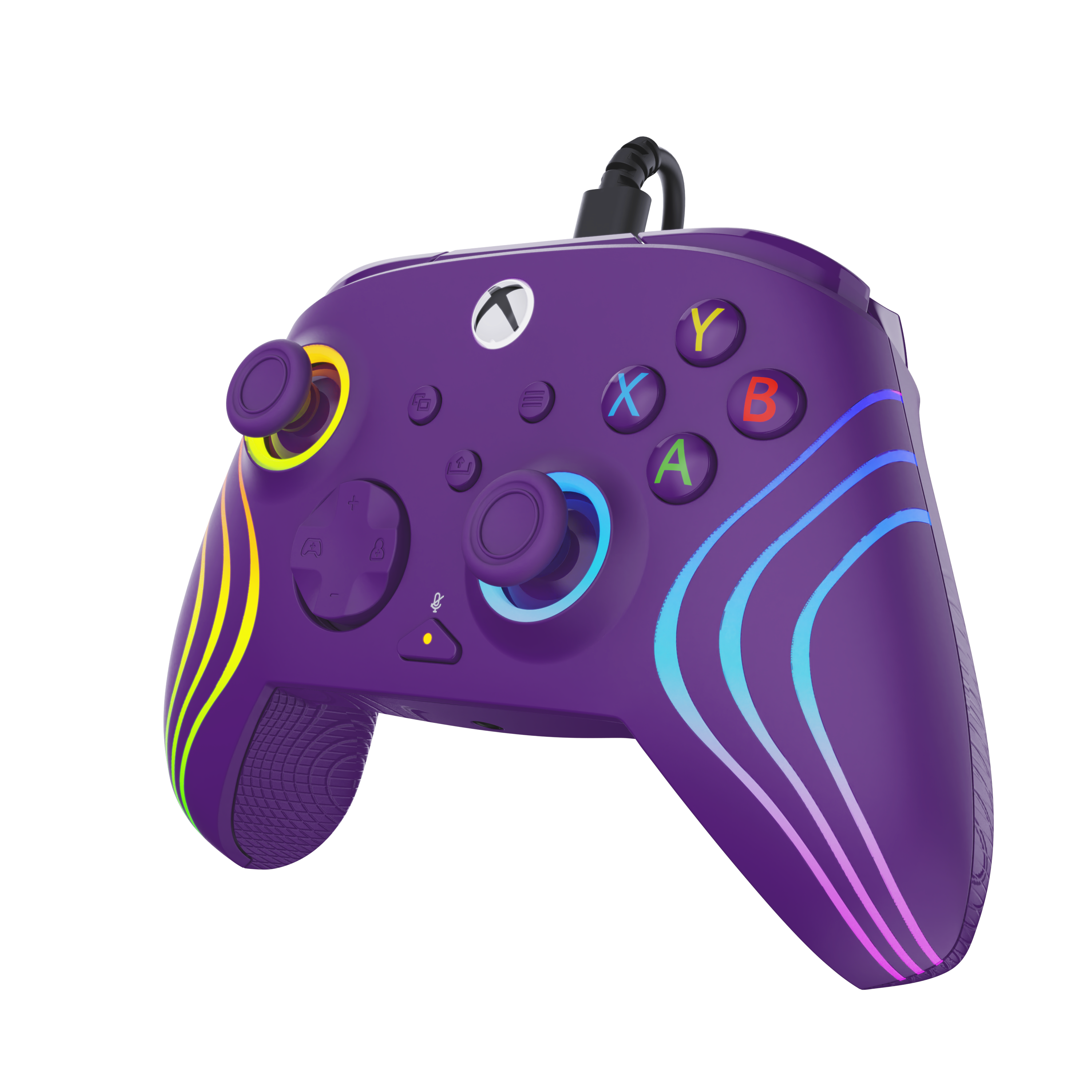 Une manette Xbox violette avec des lumières colorées, des joysticks et des boutons d'action sur fond noir.