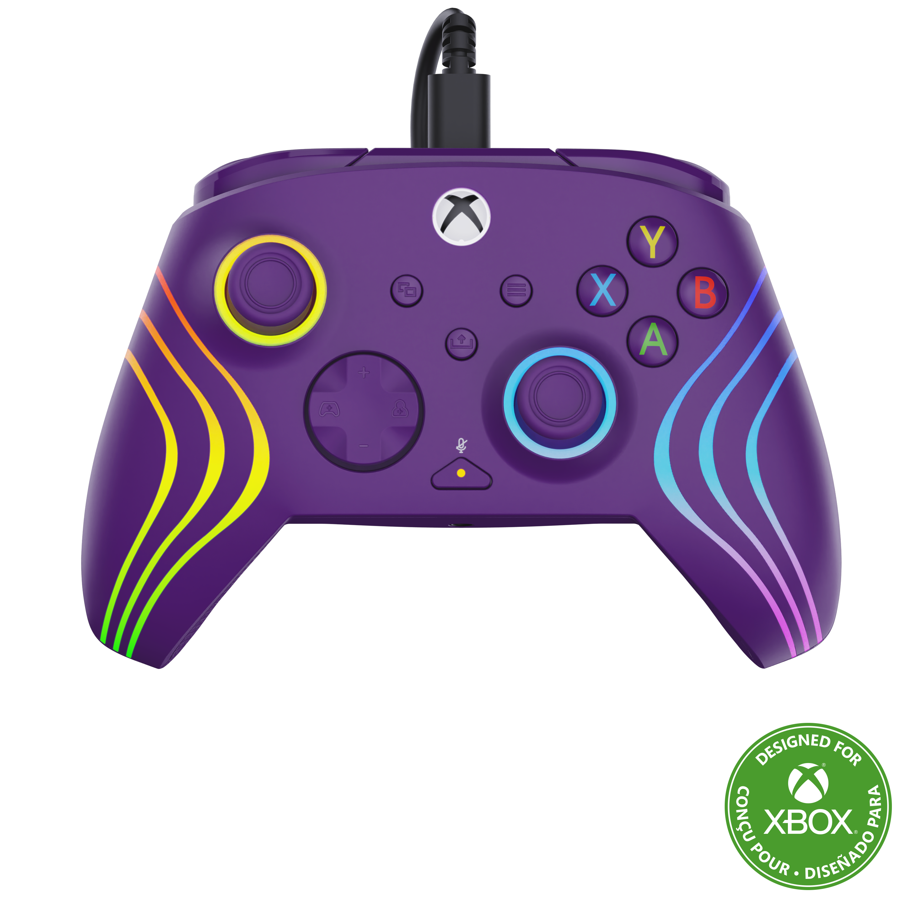 Une manette Xbox filaire violette avec des rayures incurvées colorées et un logo Xbox.