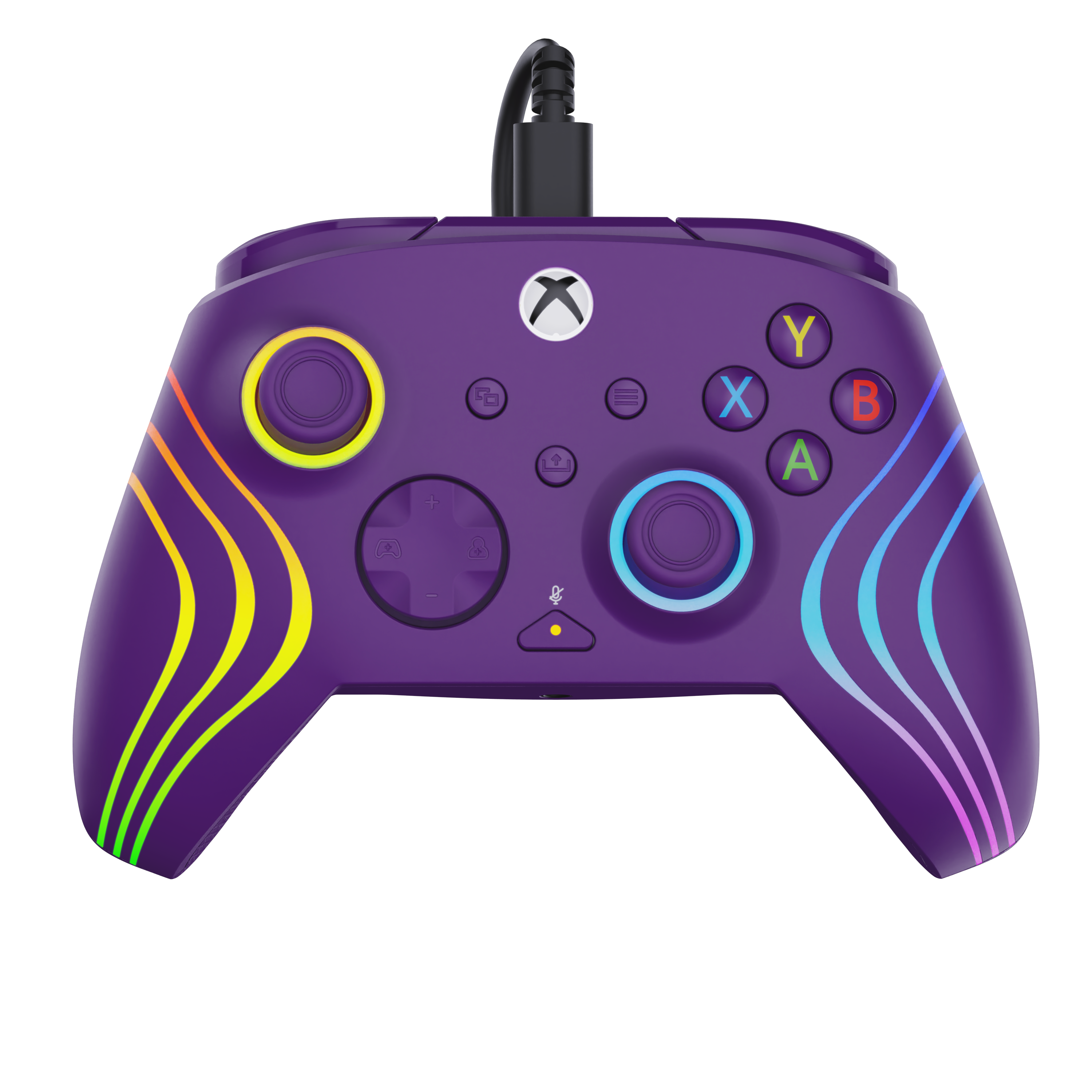 Une manette Xbox violette avec des rayures colorées, des joysticks lumineux et un câble USB connecté.