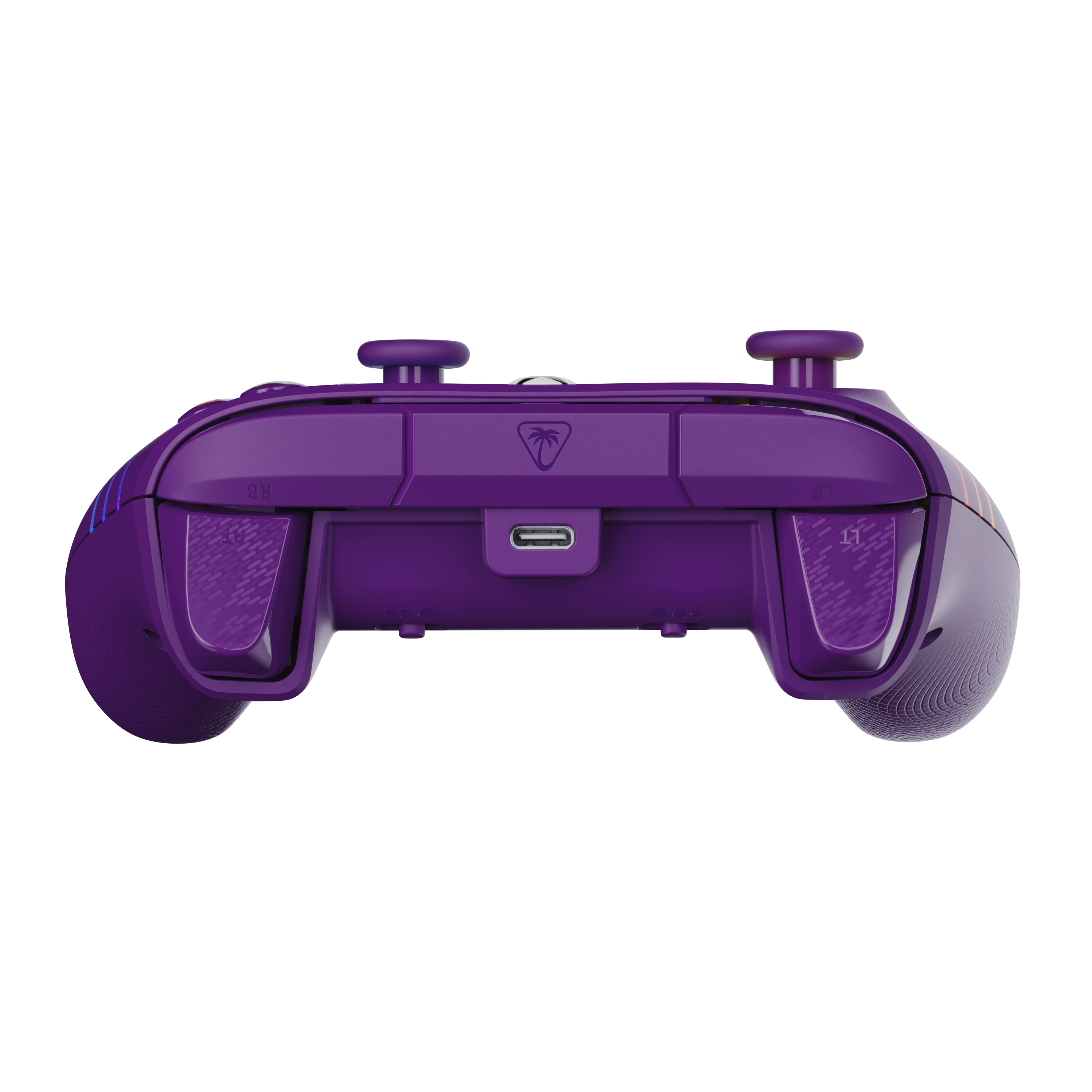 Vue arrière d'une manette de jeu violette avec un port USB-C, des boutons de tranche et un logo palmier.