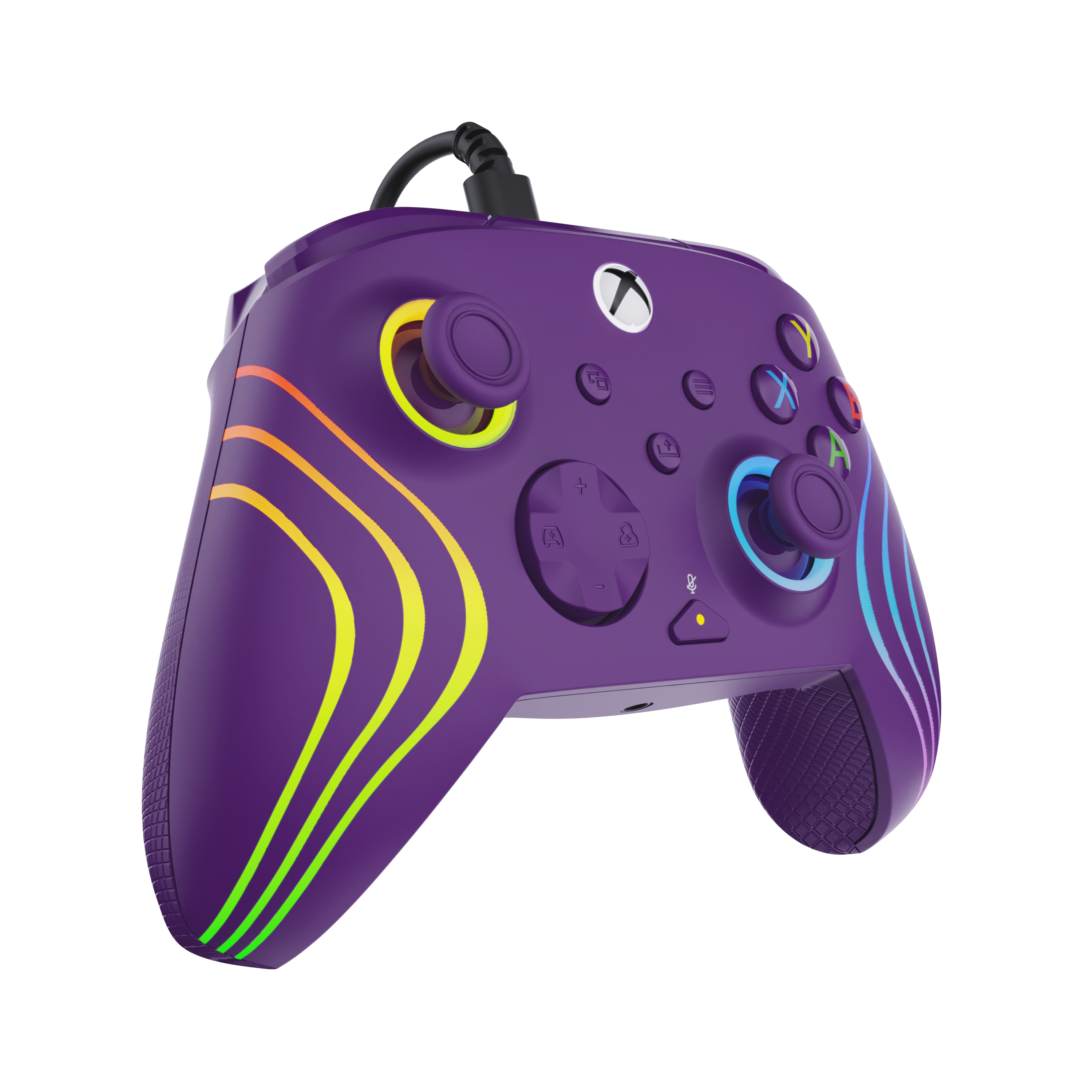 Manette Xbox violette avec des rayures colorées et un câble noir sur fond noir.