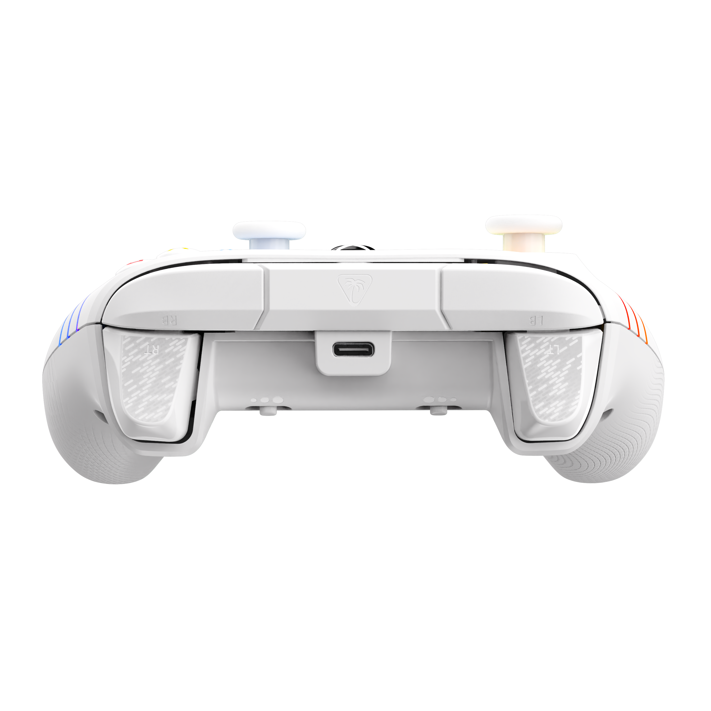 Vue de dessus d'une manette de jeu blanche montrant les gâchettes, les boutons de tranche et un port USB-C sur fond noir.