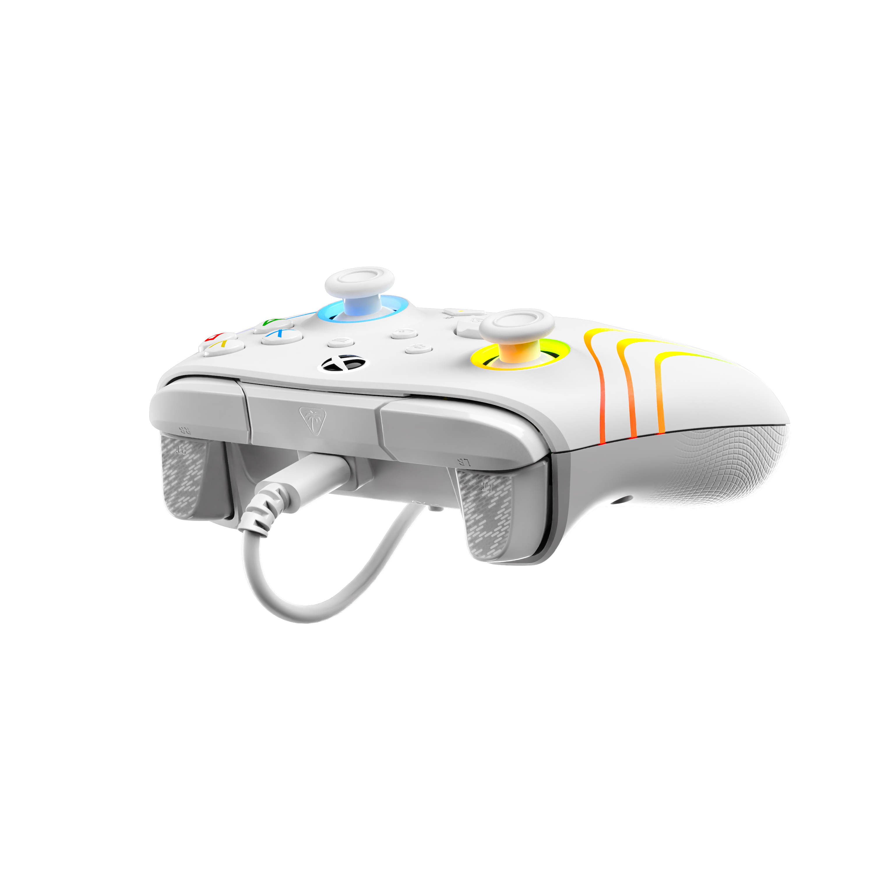 Une manette de jeu blanche avec câble, bandes colorées et joysticks lumineux sur fond noir.