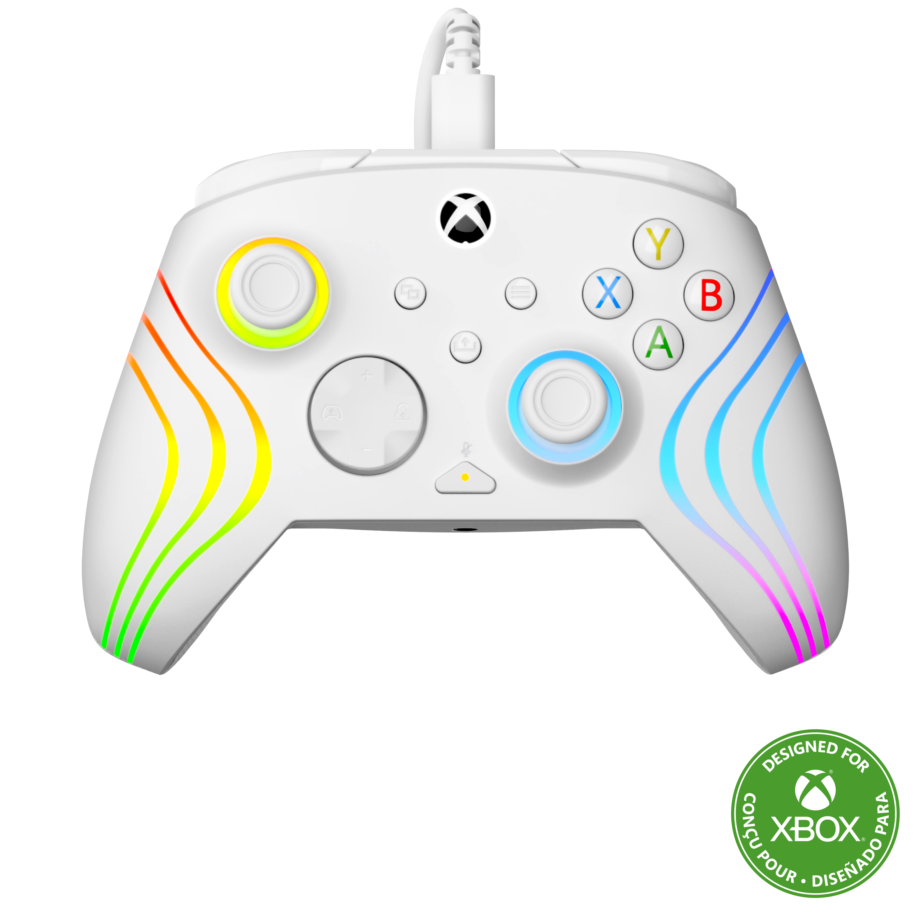 Manette Xbox blanche avec des motifs de vagues colorés et un câble connecté sur fond noir.