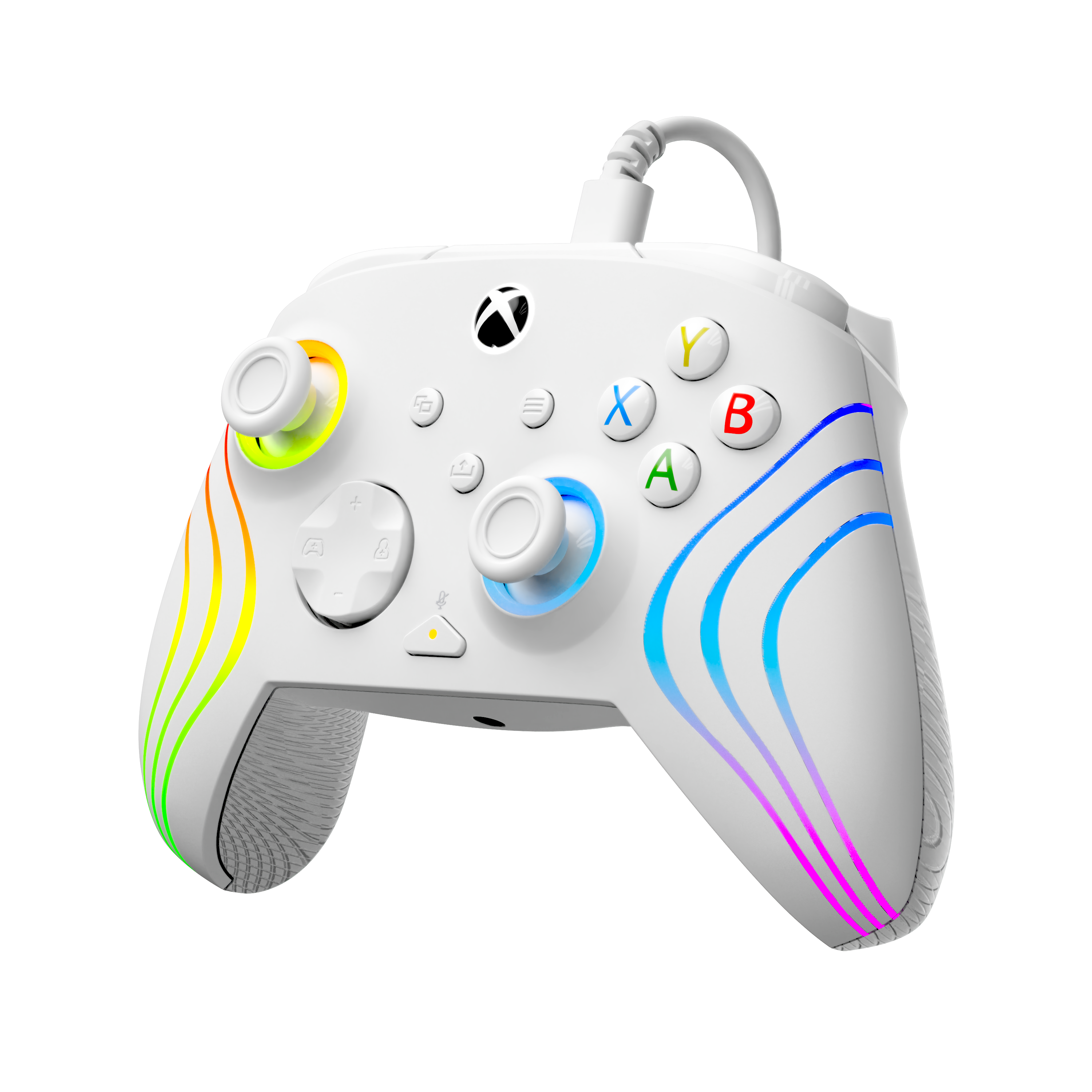 Manette Xbox filaire blanche avec des bandes lumineuses RVB colorées et des joysticks sur fond noir.
