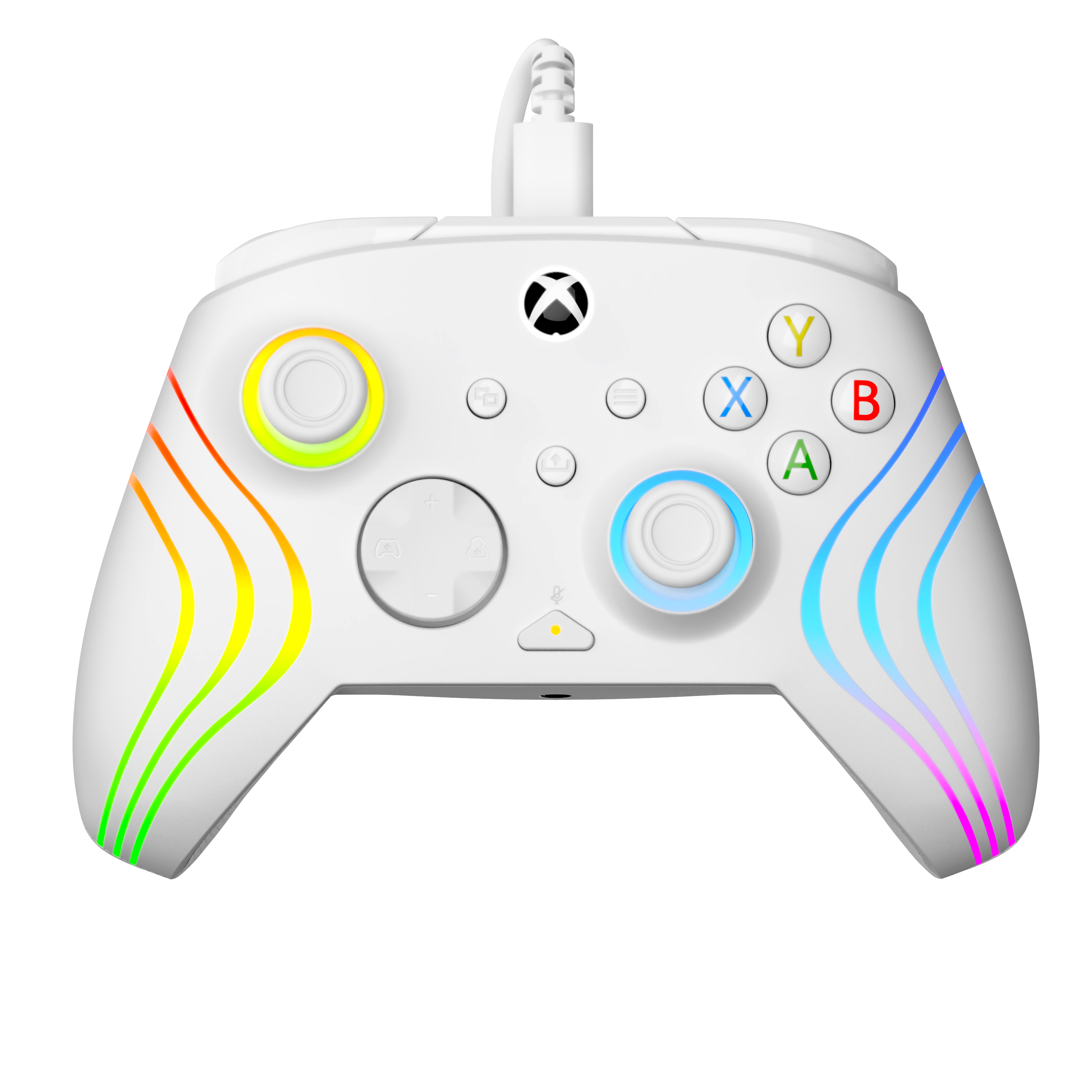 Manette Xbox filaire blanche avec des bandes lumineuses RGB colorées sur les poignées et des joysticks lumineux sur fond noir.