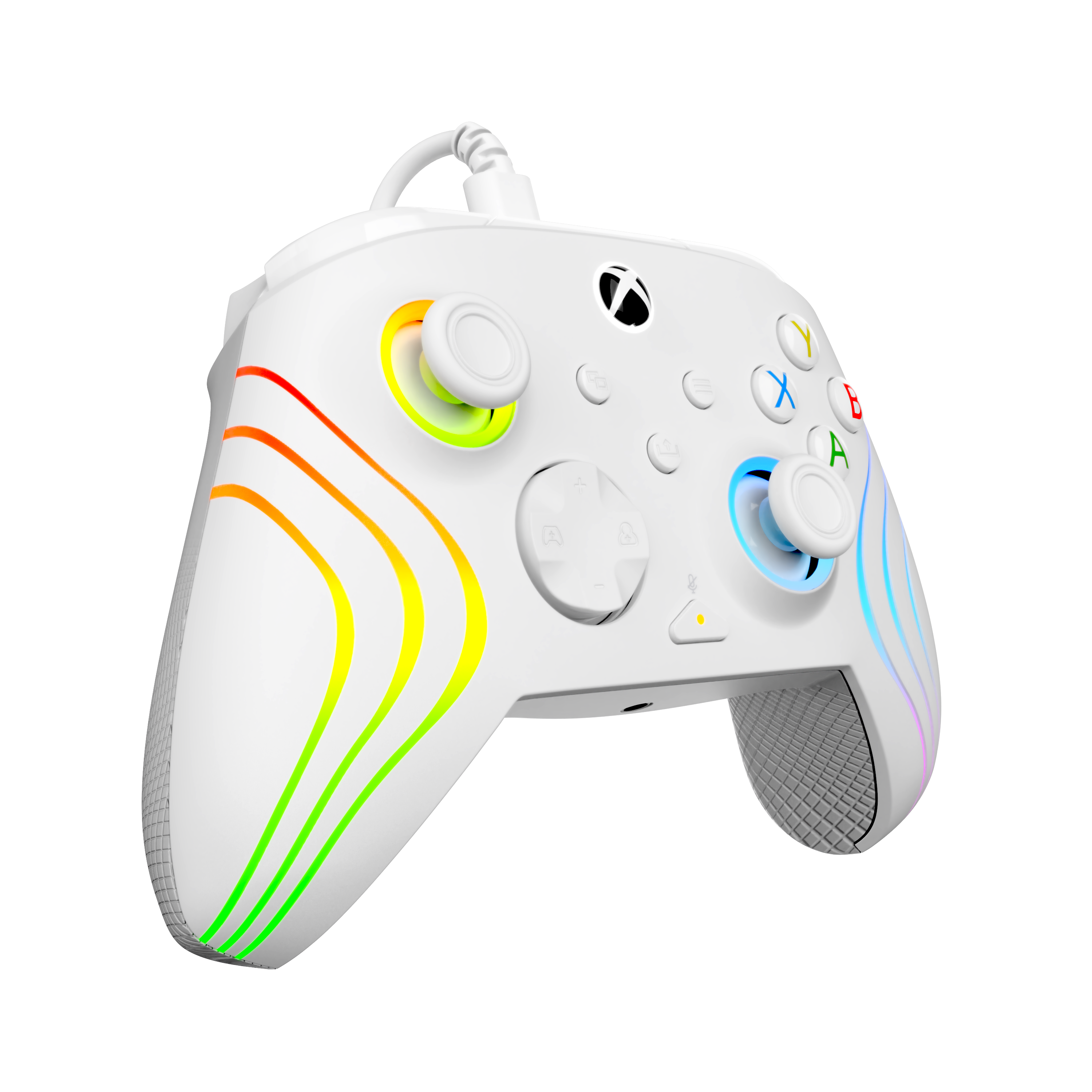 Une manette Xbox blanche avec des bandes lumineuses RVB colorées sur fond noir.