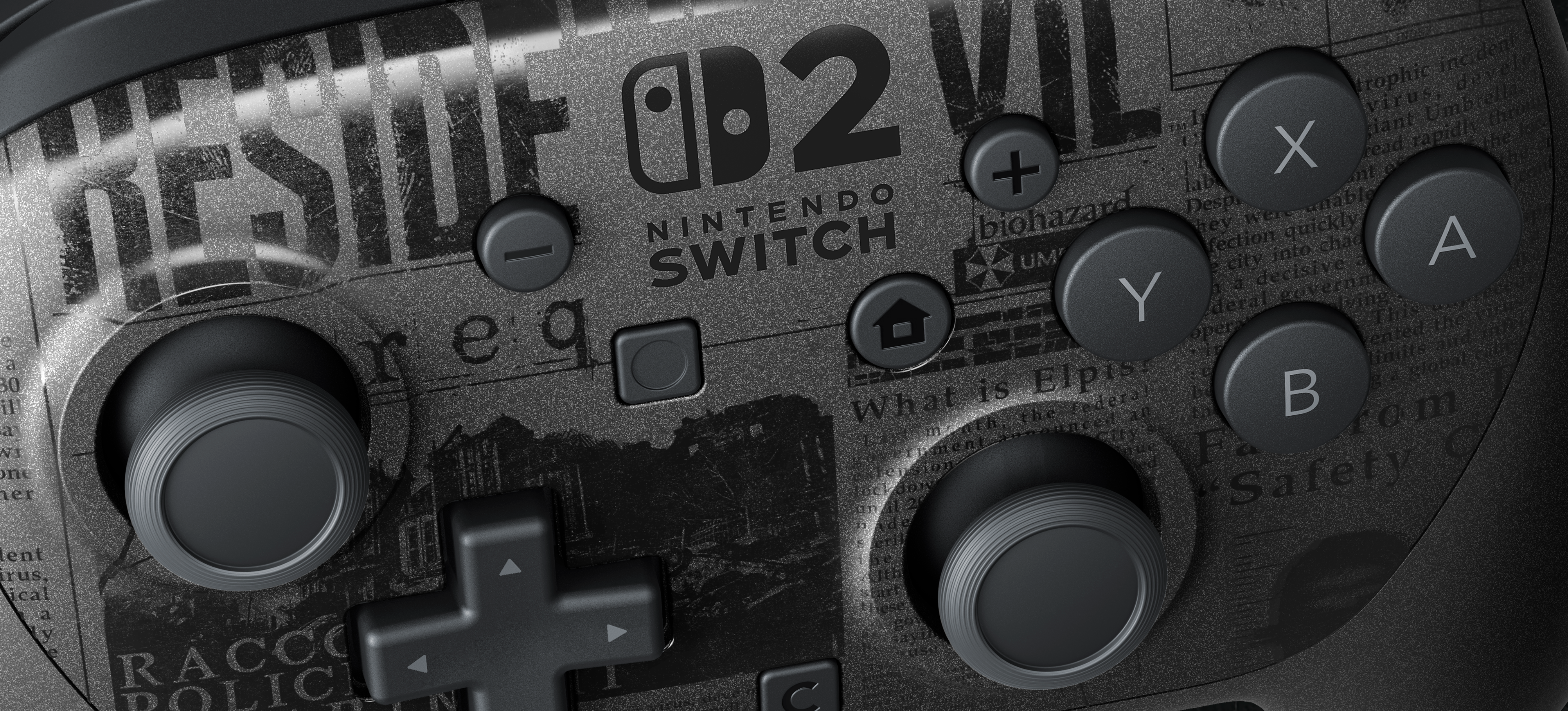 Czarny kontroler Nintendo Switch 2 z motywem Resident Evil, przyciskami akcji, padem kierunkowym i analogami.