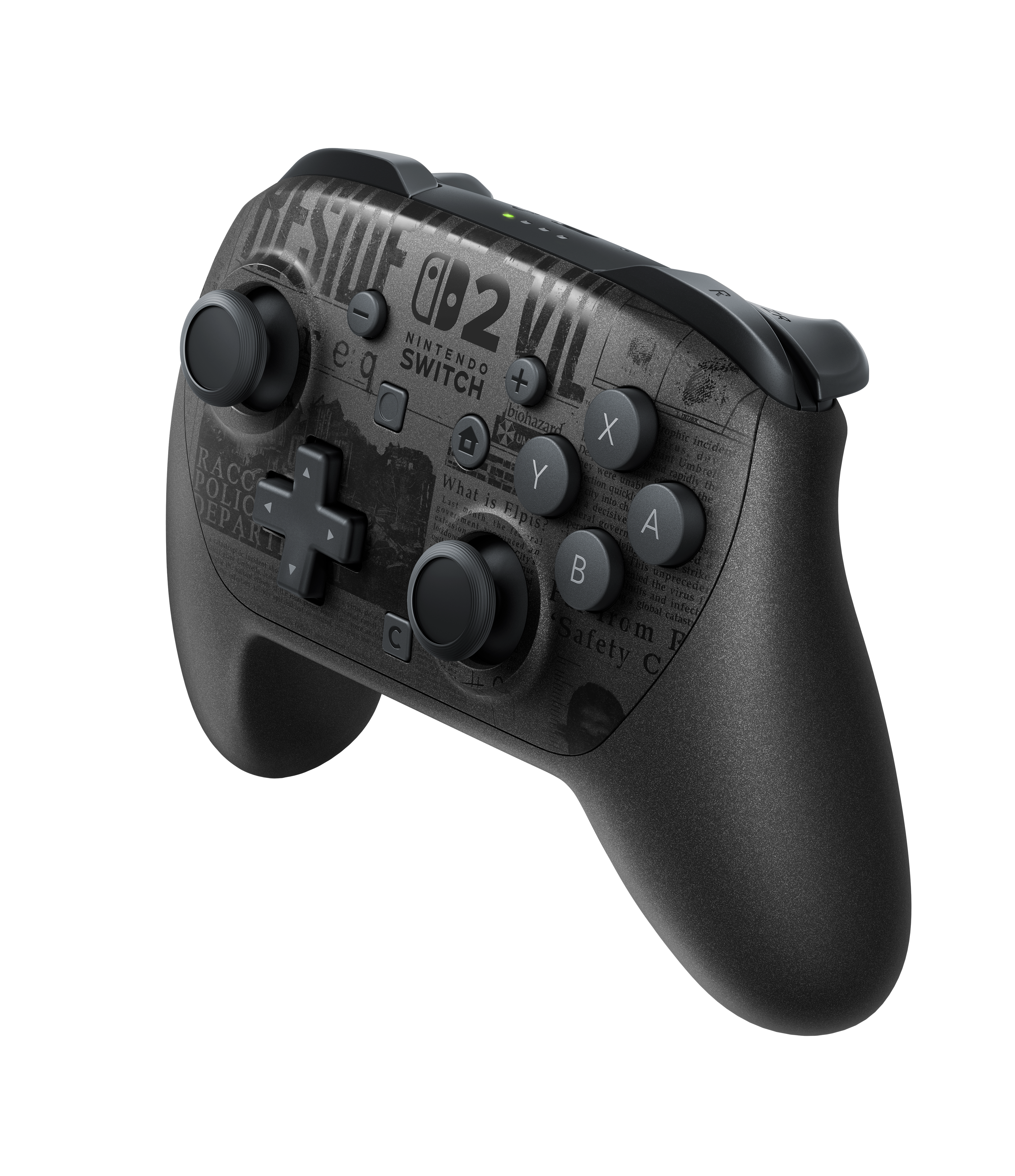 Czarny kontroler Nintendo Switch Pro z nadrukowanym motywem Resident Evil z przodu.