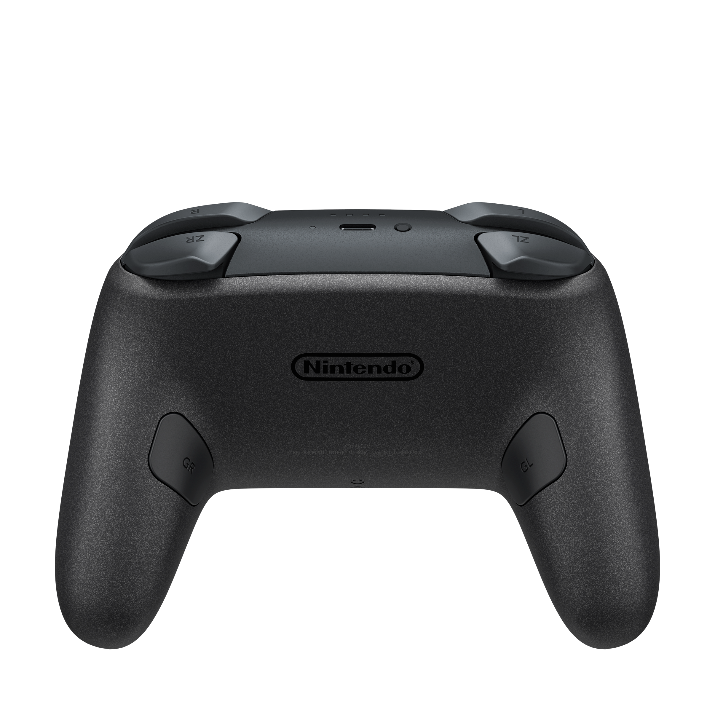 Widok z tyłu czarnego kontrolera Nintendo z przyciskami na górze, wytłoczonym logo i uchwytami.