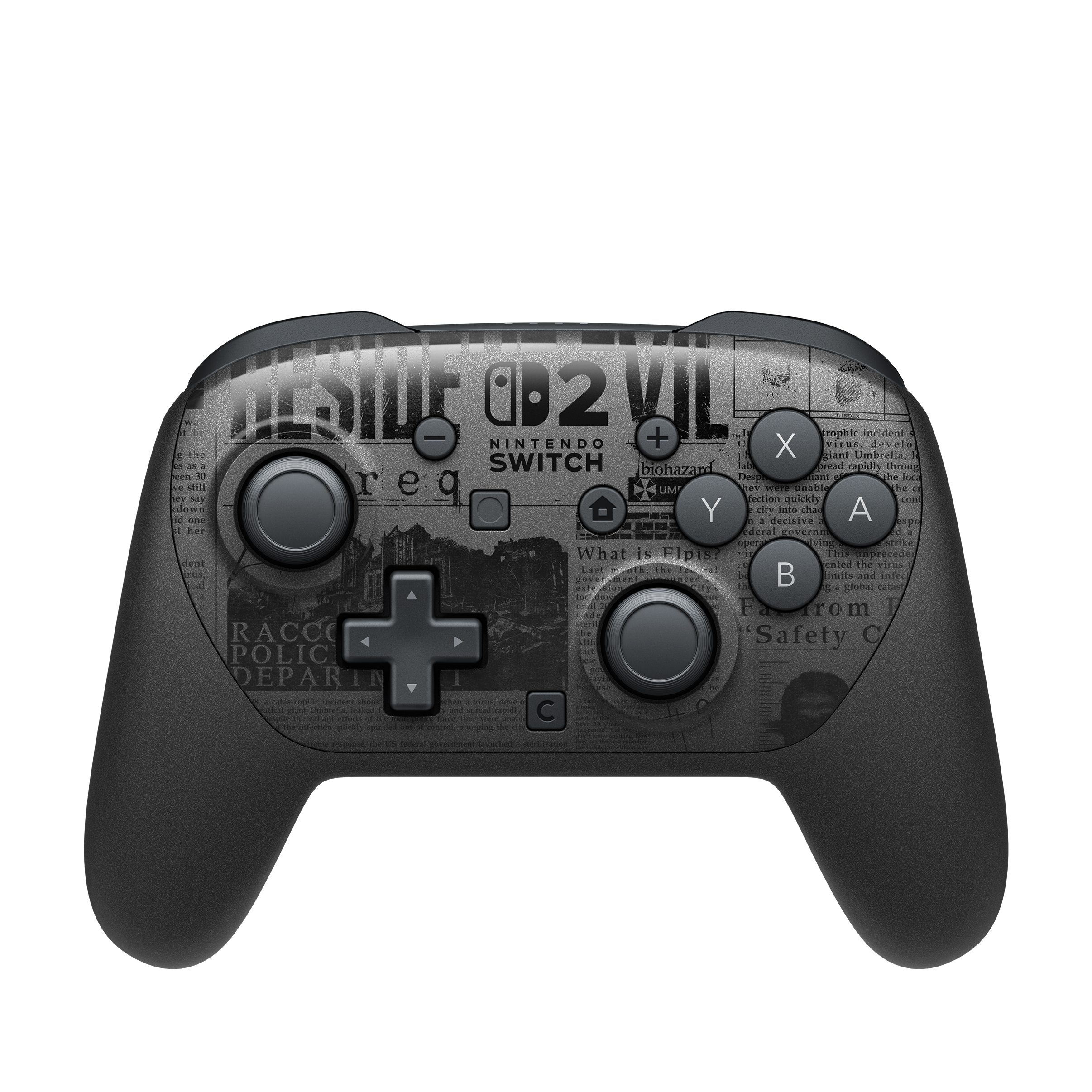 Czarny kontroler Nintendo Switch Pro z szarym nadrukiem gazety o tematyce Resident Evil z przodu.