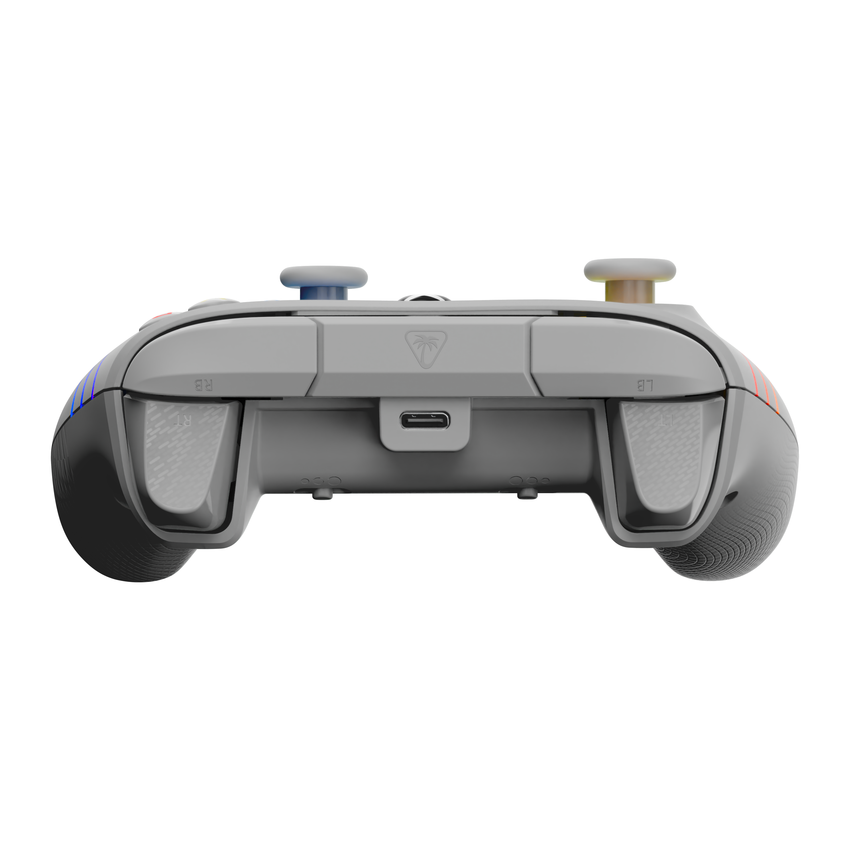 Vue arrière d'une manette grise avec des boutons de tranche, un port USB-C central et des joysticks colorés.