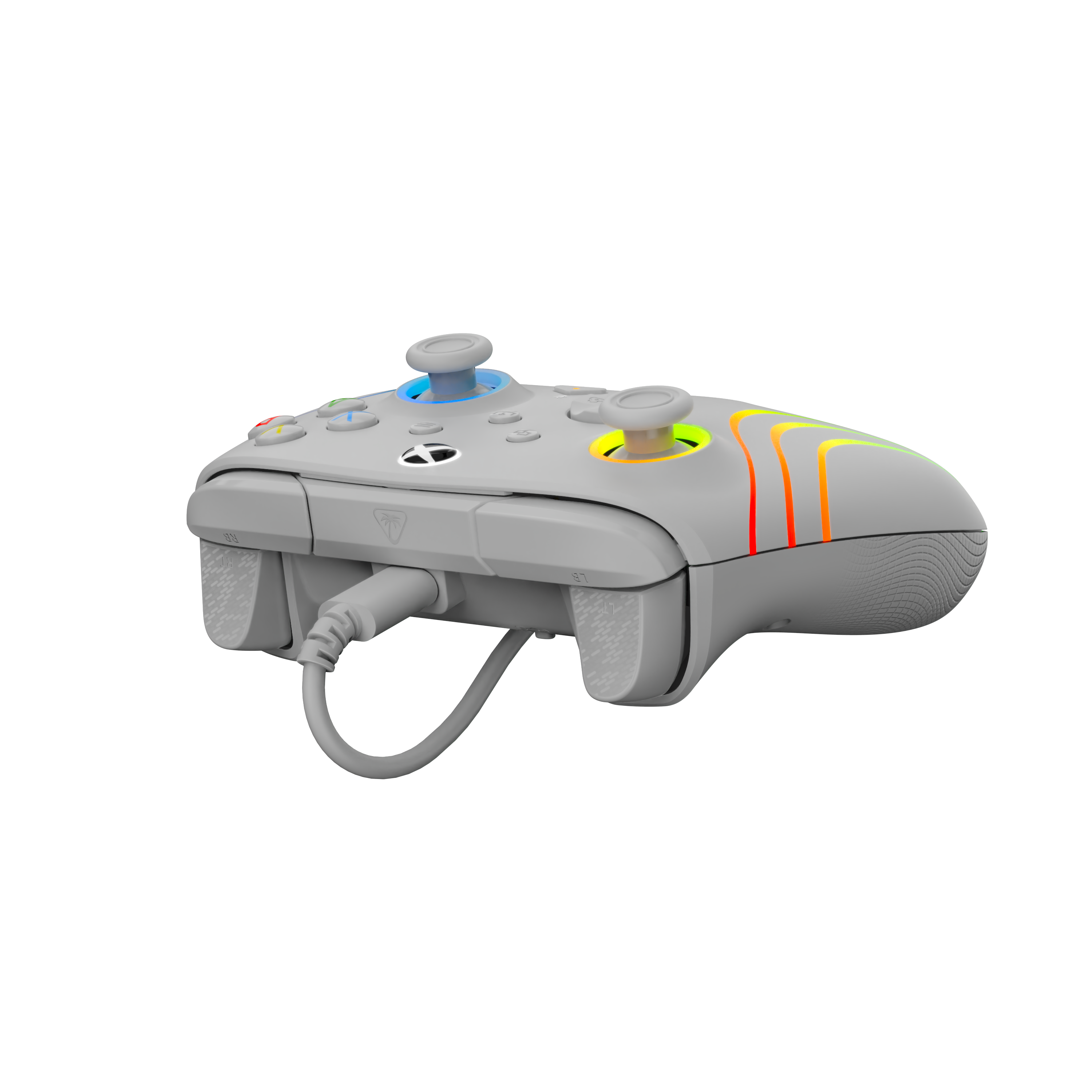 Une manette de jeu filaire gris clair avec des bandes arc-en-ciel lumineuses sur la poignée droite sur fond noir.