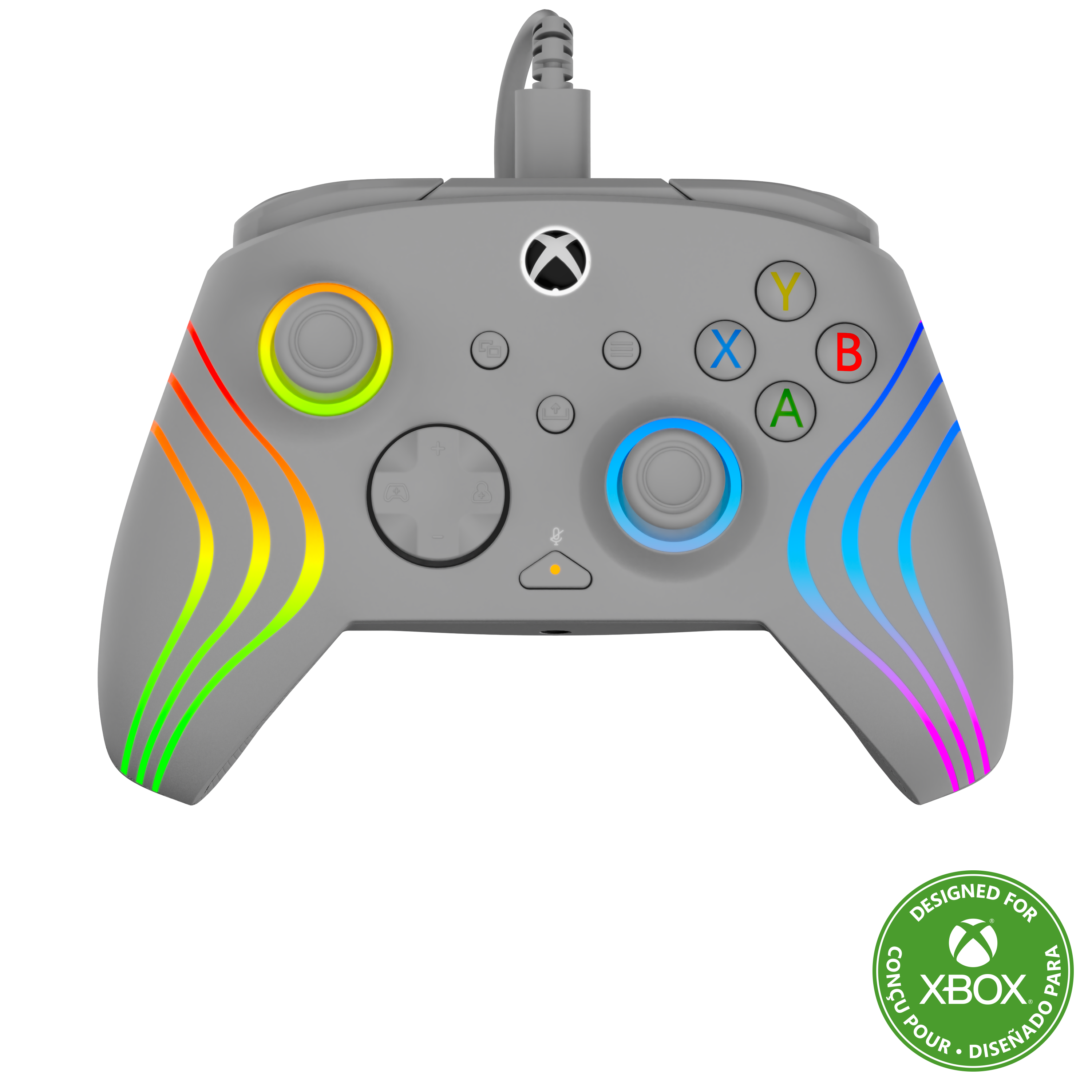 Une manette Xbox filaire grise avec des bandes LED colorées, des sticks lumineux et le logo Xbox sur fond noir.