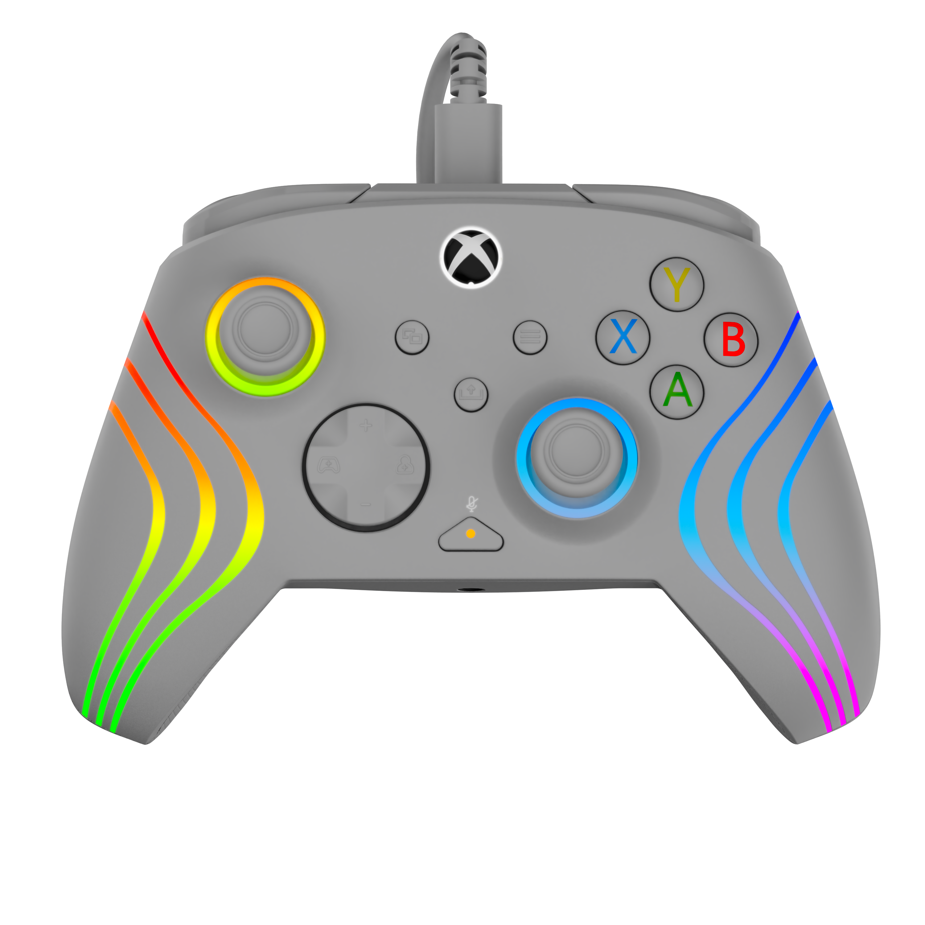 Une manette Xbox grise avec des bandes LED colorées sur les poignées et des boutons d'action colorés.