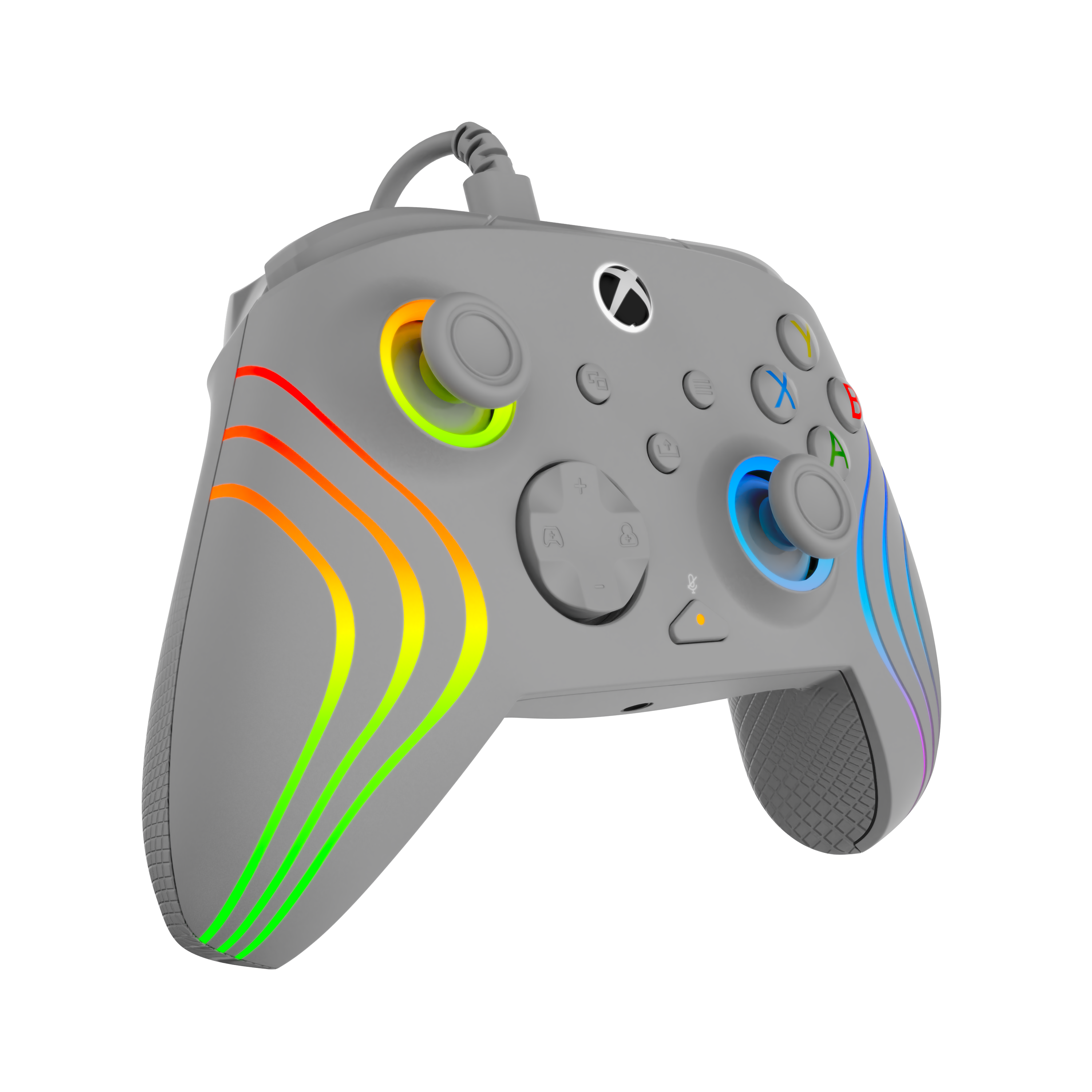 Manette Xbox grise avec des bandes LED colorées et des poignées texturées sur fond noir.