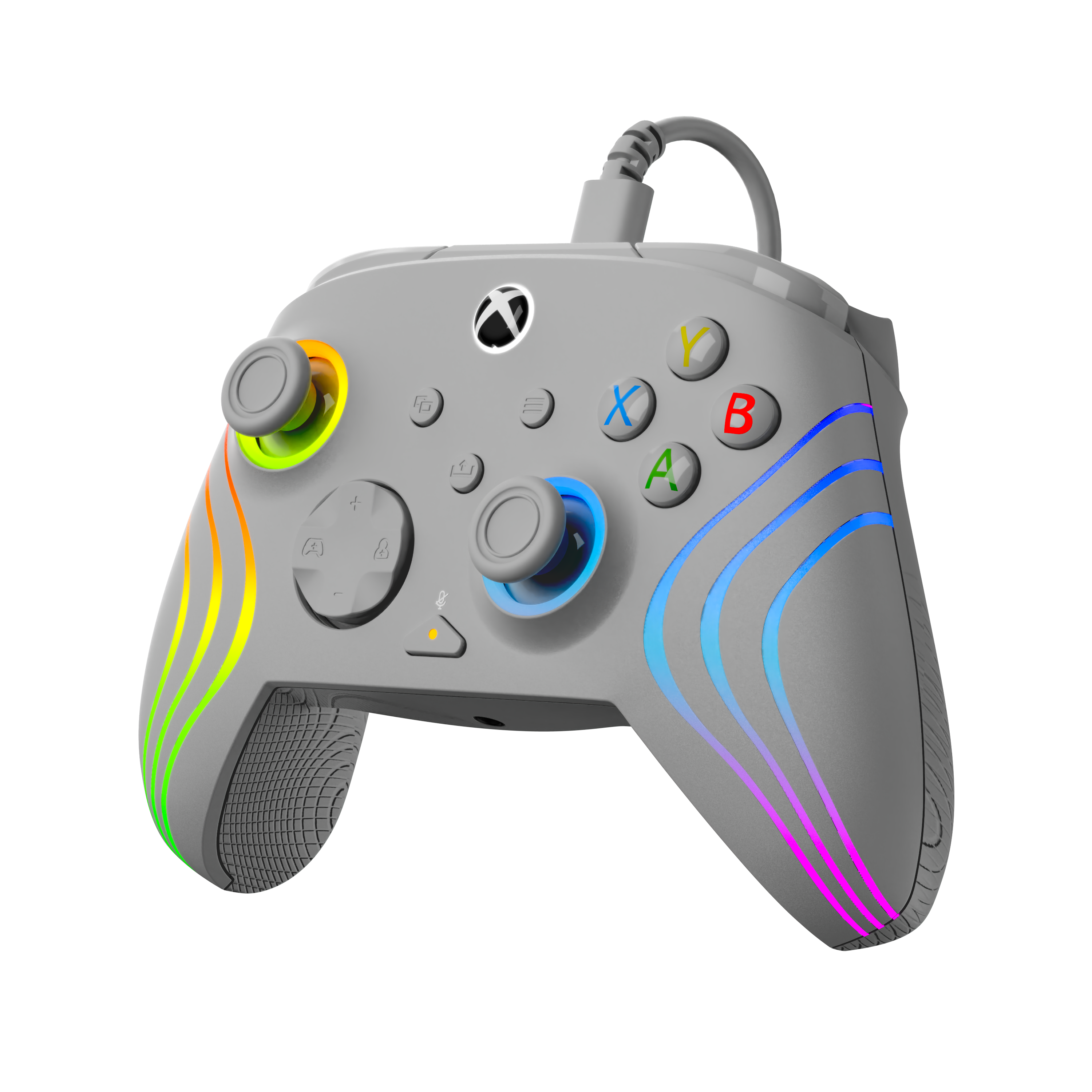 Une manette Xbox grise avec des bandes LED colorées, des boutons de couleur et un câble attaché sur fond noir.