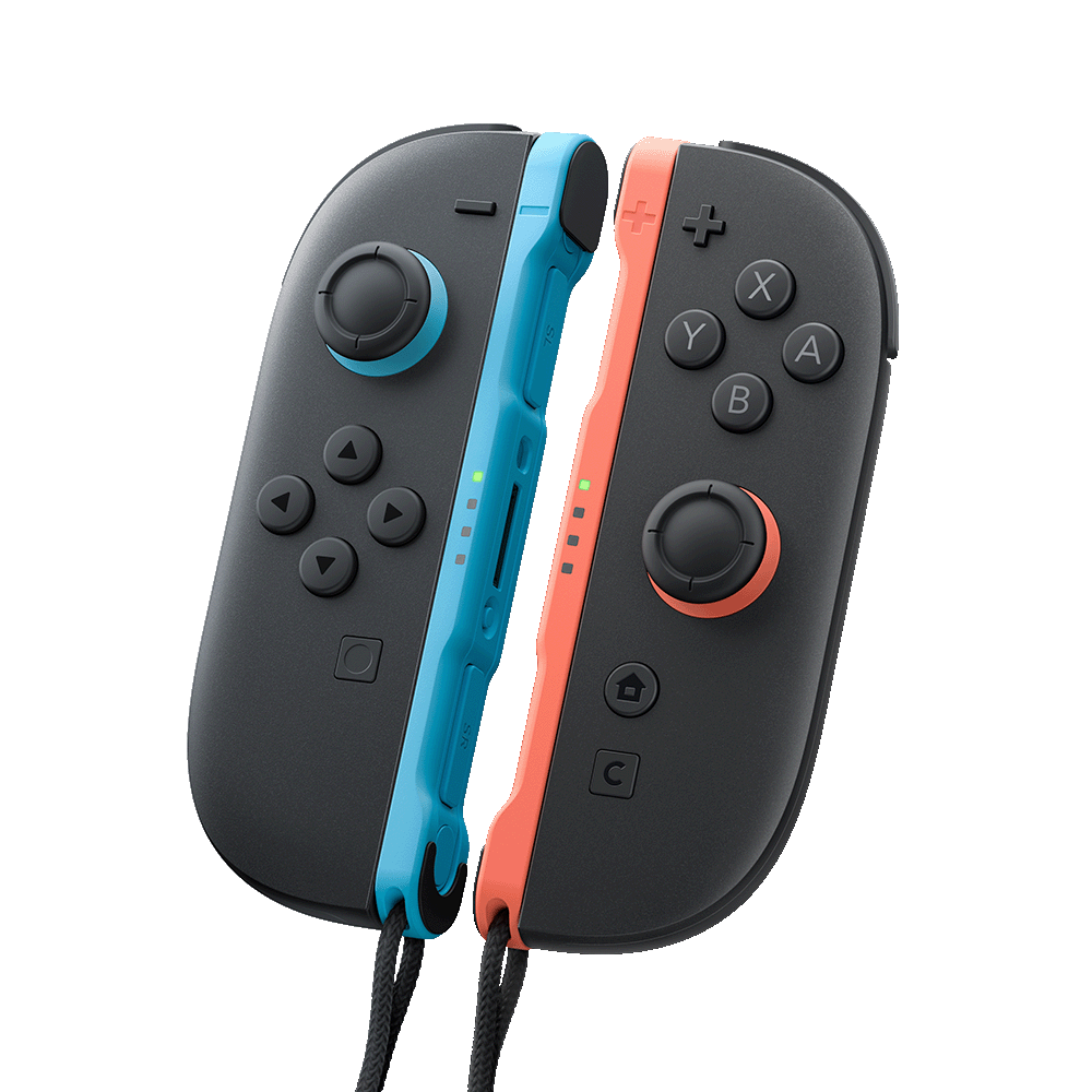 Dwa czarne kontrolery Nintendo Switch Joy-Con z niebieskim i czerwonym paska na czarnym tle.