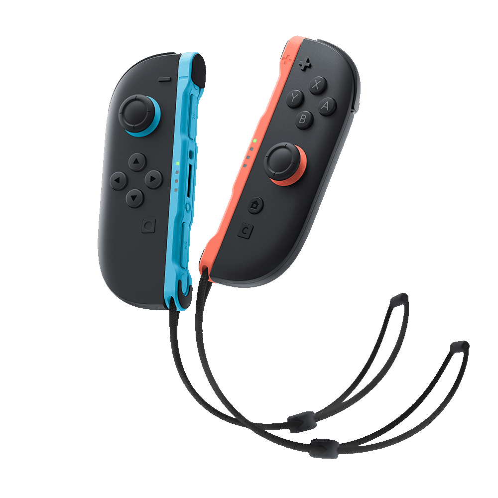 Dwa kontrolery Joy-Con do Nintendo Switch, jeden niebieski, drugi czerwony, z czarnymi paskami na nadgarstek.
