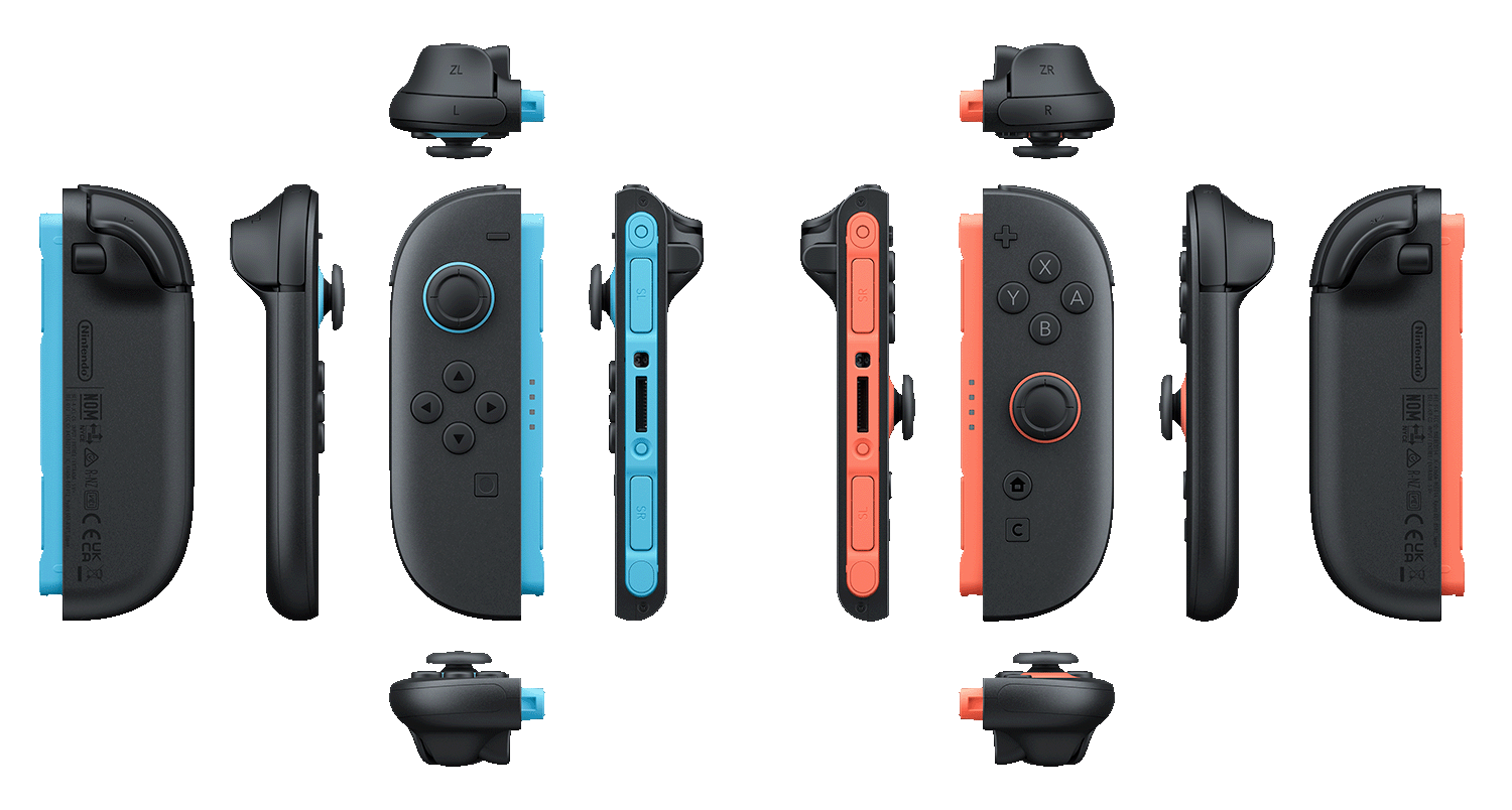 Rozstrzelony widok niebieskich i czerwonych kontrolerów Joy-Con do Nintendo Switch na czarnym tle.