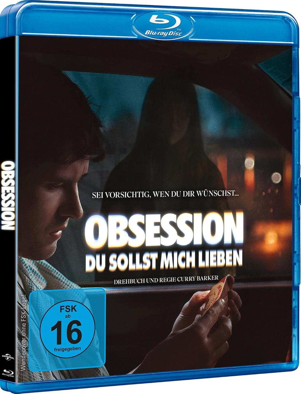 Blu-ray-Hülle des Films 'Obsession - Du sollst mich lieben' mit einem Mann im Vordergrund und einer dunklen Gestalt.