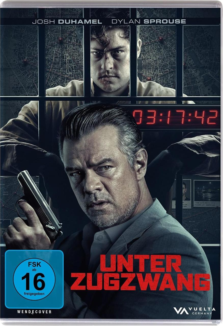 DVD-Cover von Unter Zugzwang mit Josh Duhamel und Dylan Sprouse vor Gitterstäben und einer roten Digitaluhr.