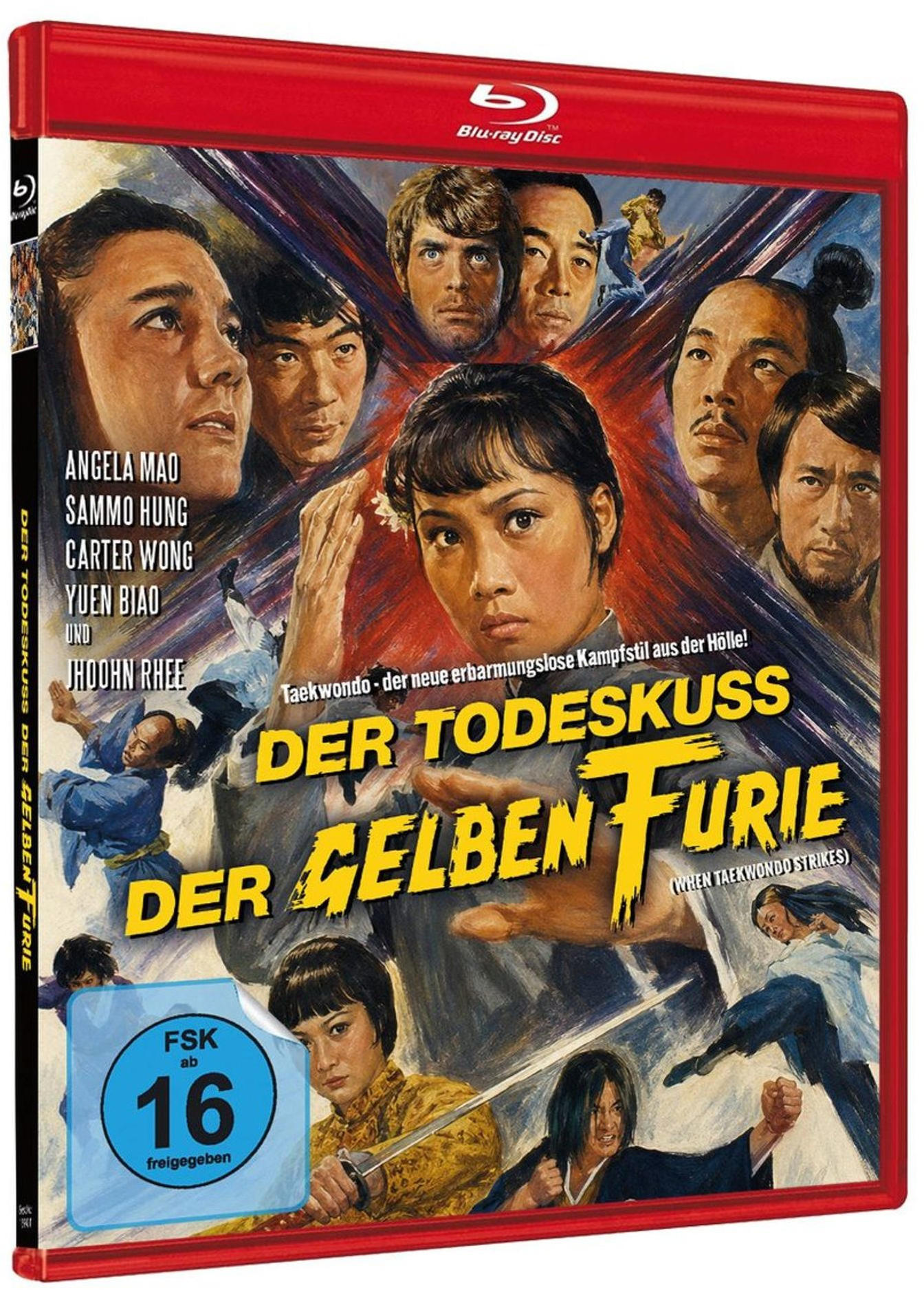 Blu-Ray-Cover von Der Todeskuss der gelben Furie mit martialischen Action-Szenen und Schauspielern.