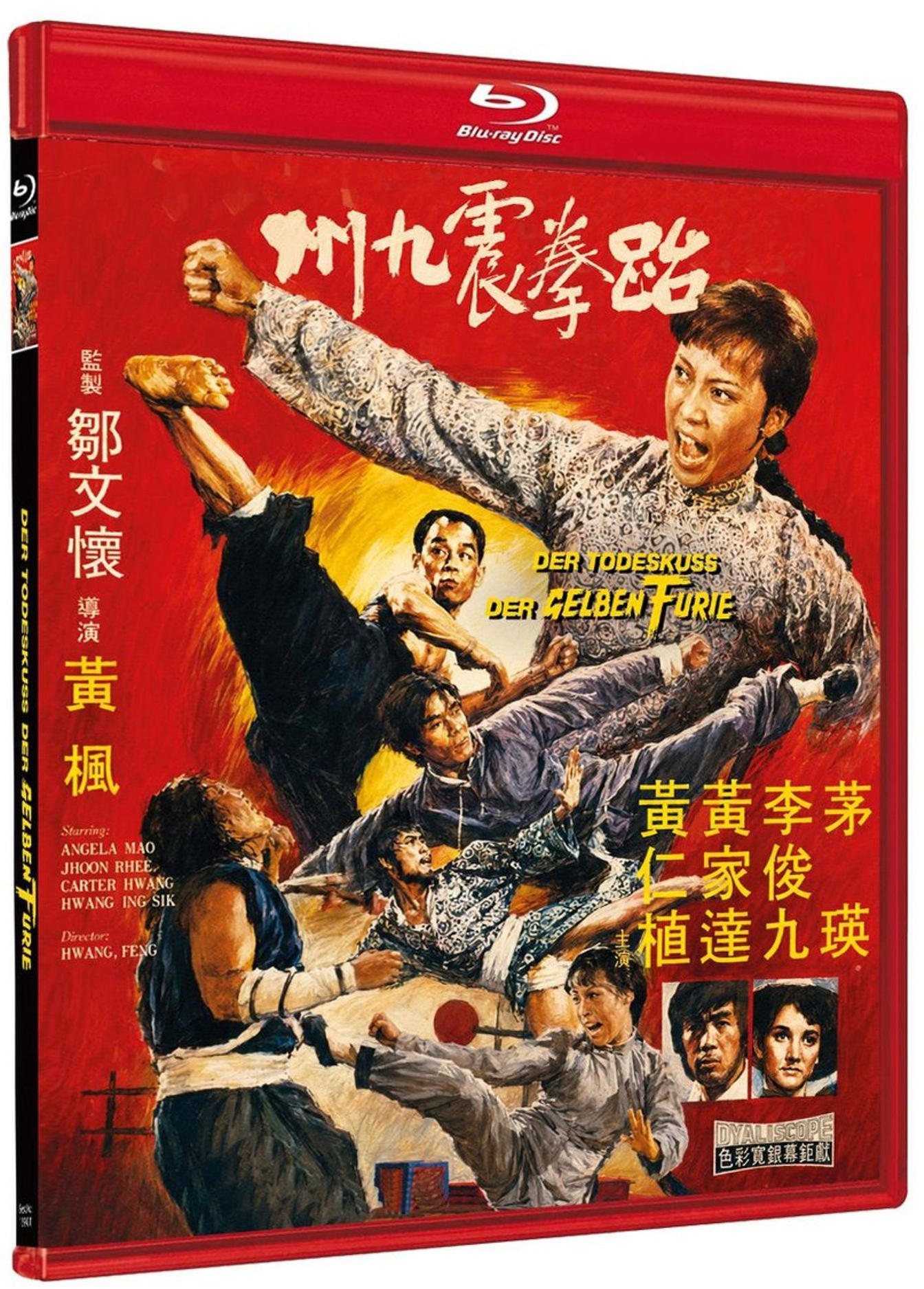 Blu-ray-Hülle mit rotem Hintergrund und Action-Szenen aus einem Kung-Fu-Film.