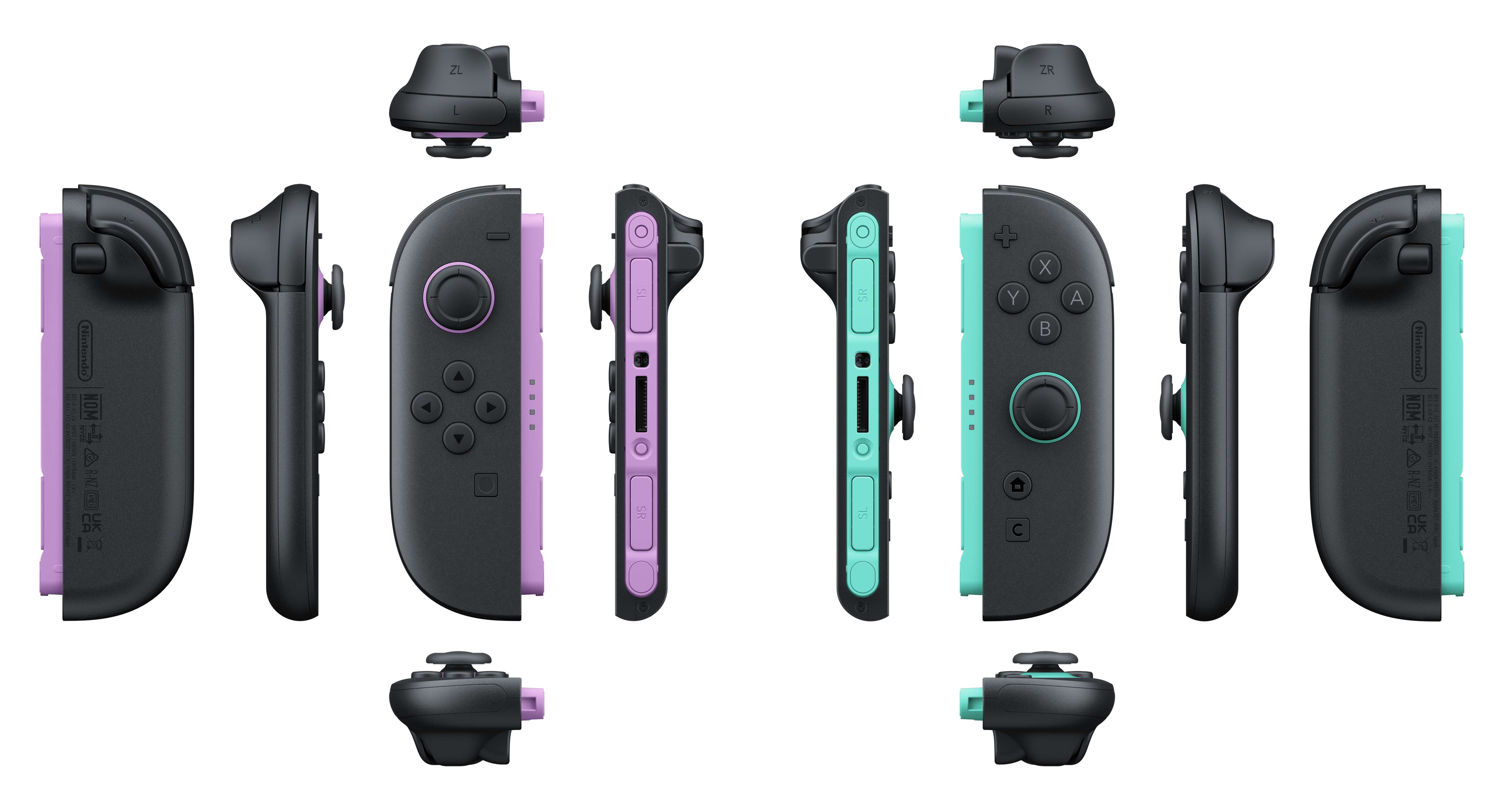 Wiele ujęć kontrolerów do gier Nintendo Switch Joy-Con w kolorze fioletowym i turkusowym z czarnymi paskami.