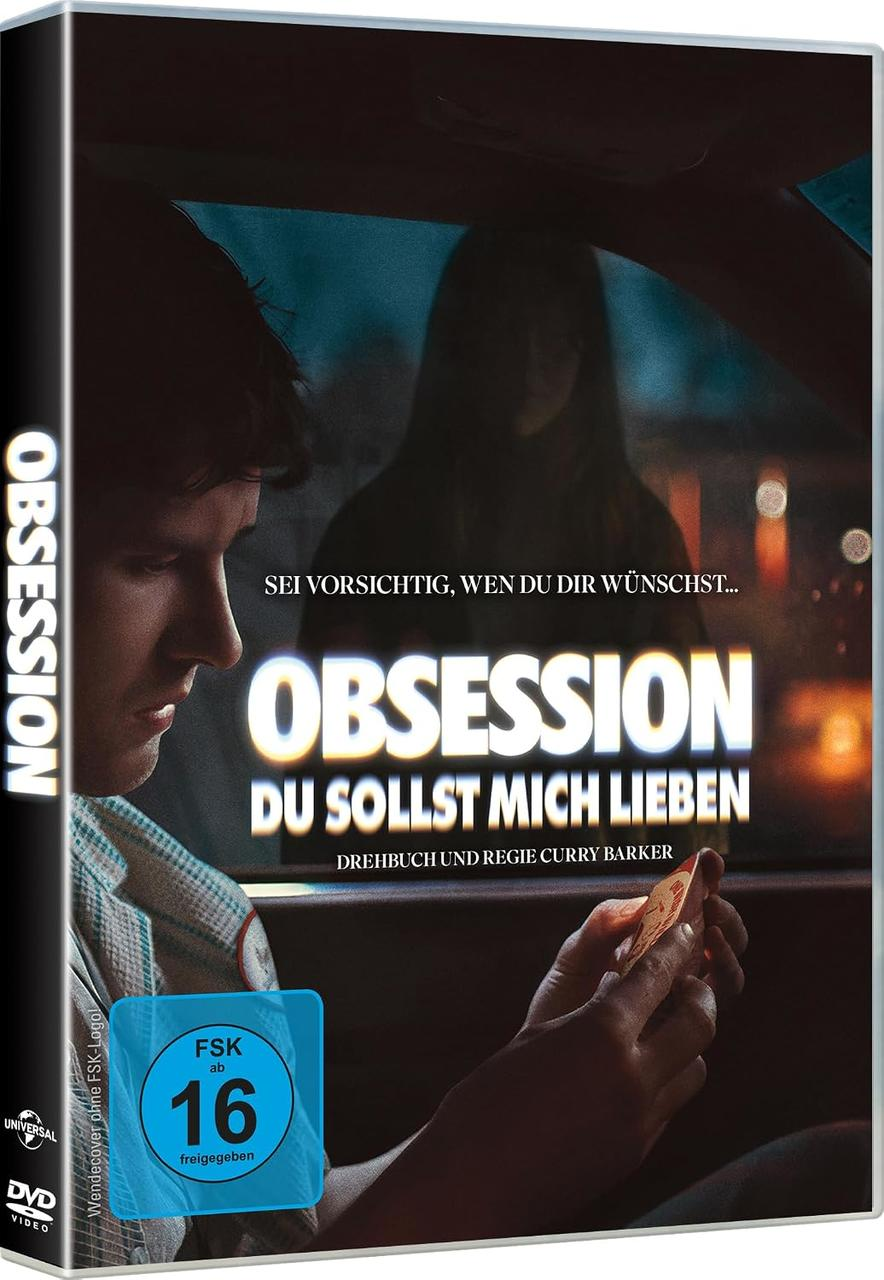 DVD-Cover des Thrillers Obsession mit Mann im Vordergrund, unscharfer Frauenfigur und FSK-16-Logo.